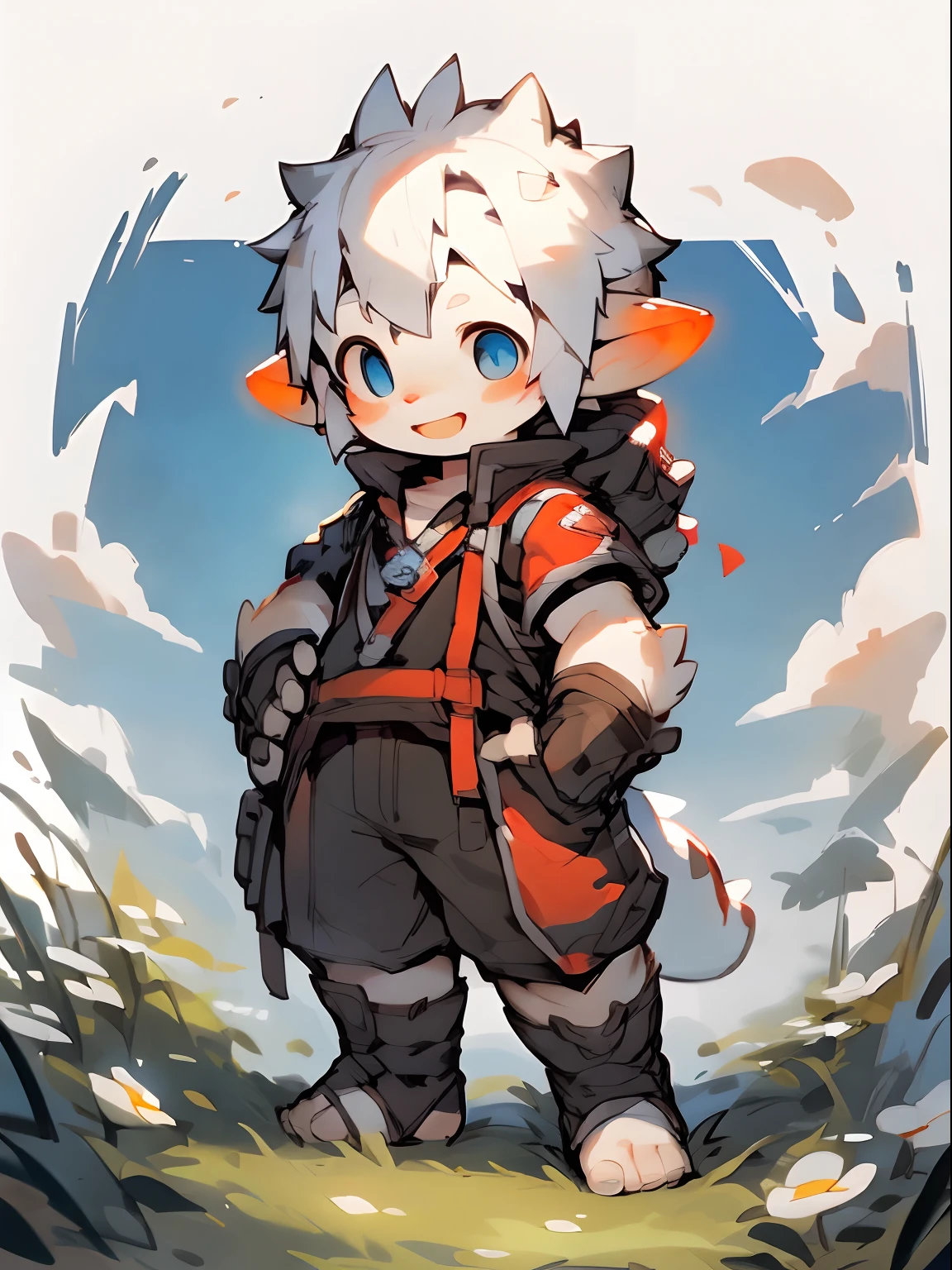 three fourths view，Shota，Black and white hair，ddlers，Blue eyes ， adolable， standing on your feet， Master masterpieces， A high resolution，8K，detailedbackground，high high quality，Libido boy，独奏，Dragon armor，grassy fields，White flowers，Happy expression，((lalafell))，solo person，(by puinkey,by Artista:1.2),(by unrealplace,by kuroisumi,by milkytiger1145,by moki,by emolga 1,by ovopack:1.2),(by cydonia xia:0.8),(by Pino Daeni:0.8),(by hioshiru:0.8),(by chunie:0.8).