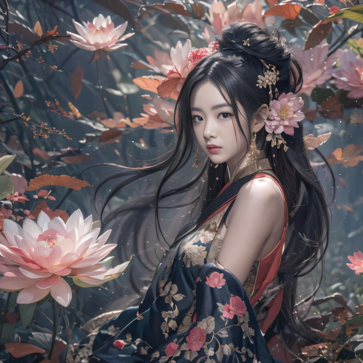 32K（tmasterpiece，k hd，hyper HD，32K）Long flowing black hair，ponds，zydink， a color， Aozhou people （Concubine girl）， （Silk scarf）， Combat posture， looking at the ground， long whitr hair， Floating hair， Carp pattern headdress， Chinese long-sleeved clothing， （abstract ink splash：1.2）， Pink petal background，Pink and white lotus flowers fly（realisticlying：1.4），Black color hair，Fallen leaves flutter，The background is pure， A high resolution， the detail， RAW photogr， Sharp Re， Nikon D850 Film Stock Photo by Jefferies Lee 4 Kodak Portra 400 Camera F1.6 shots, Rich colors, ultra-realistic vivid textures, Dramatic lighting, Unreal Engine Art Station Trend, cinestir 800，Long flowing black hair，Denim skirt