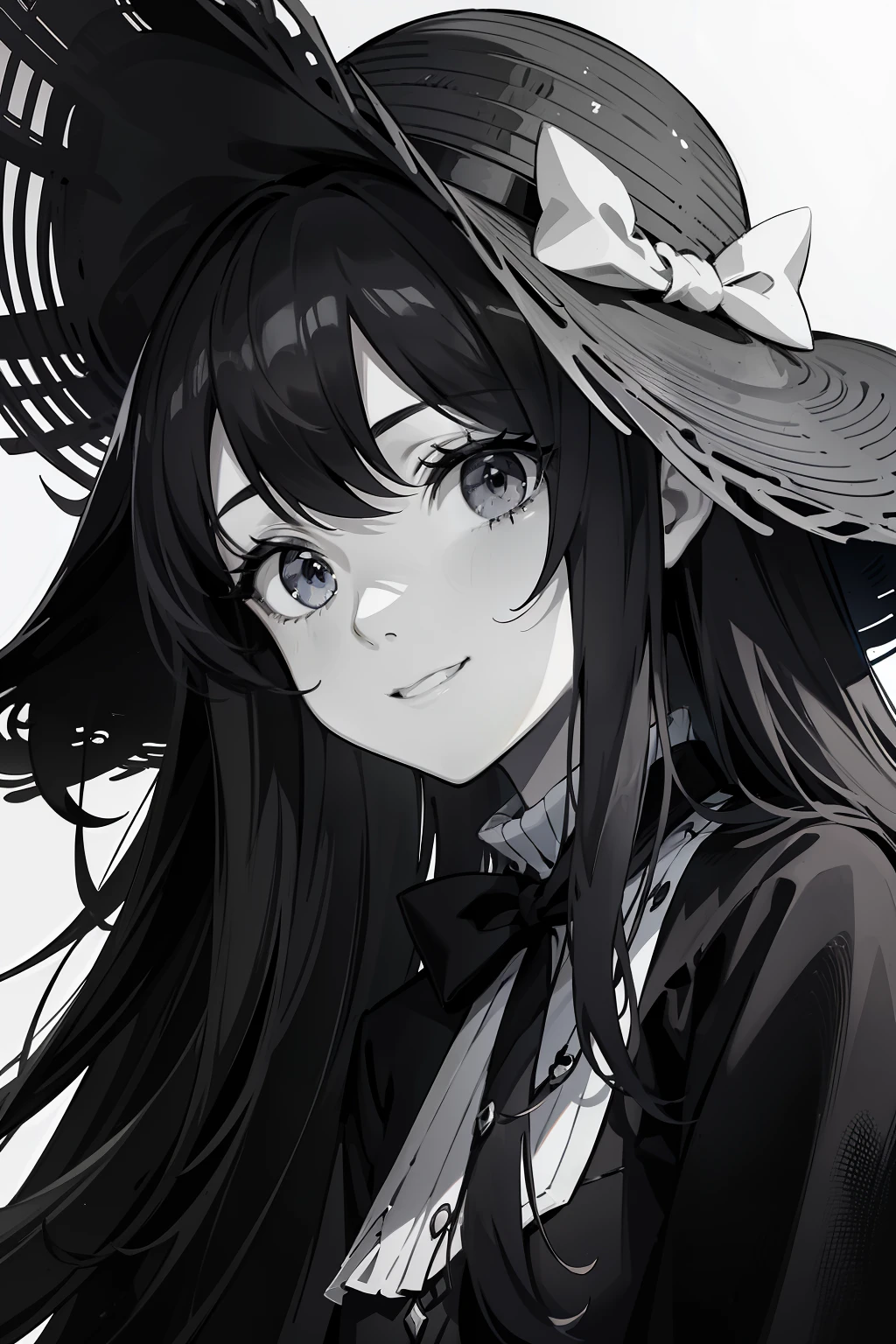 Works of masters,tmasterpiece,best qualtiy,8K,highly details,Petite,Absurdly long hair,(Hair flap),(shinny hair),grinning smile,(Black and white picture:1.5),up-close,closeup portrait,Straw Hat Hat,(shaded face),sun skirt,Pupil of the slit,(ink wash style),Black and white shadow style