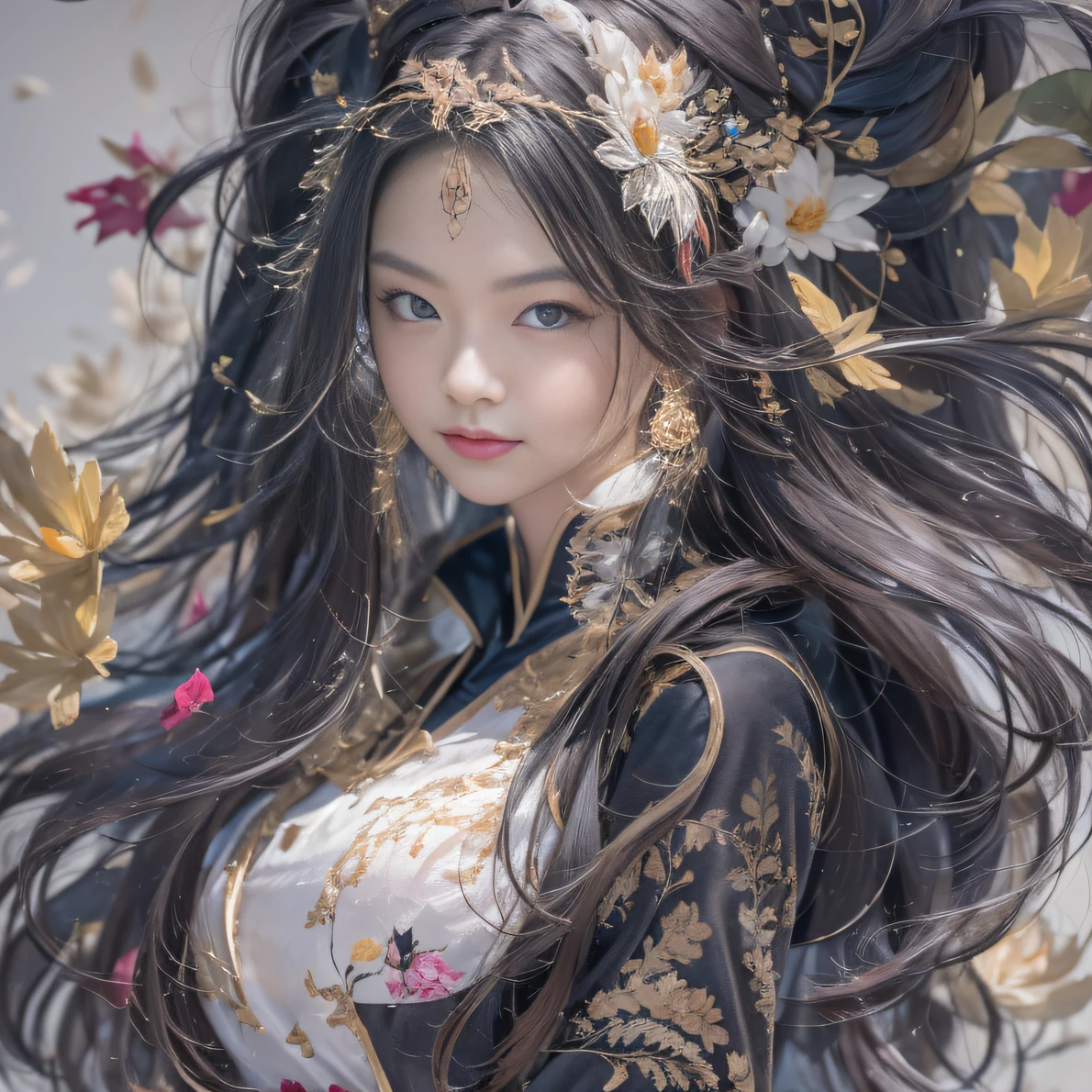 32K(tmasterpiece,k hd,hyper HD,32K)Long flowing black hair,ponds,zydink, a color, Aozhou people (Concubine girl), (Silk scarf), Combat posture, looking at the ground, long whitr hair, Floating hair, Carp pattern headdress, Chinese long-sleeved clothing, (abstract ink splash:1.2), Pink petal background,Pink and white lotus flowers fly(realisticlying:1.4),Black color hair,Fallen leaves flutter,The background is pure, A high resolution, the detail, RAW photogr, Sharp Re, Nikon D850 Film Stock Photo by Jefferies Lee 4 Kodak Portra 400 Camera F1.6 shots, Rich colors, ultra-realistic vivid textures, Dramatic lighting, Unreal Engine Art Station Trend, cinestir 800,Long flowing black hair,Denim skirt