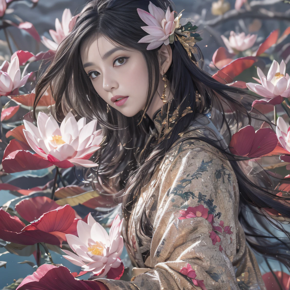 32K(tmasterpiece,k hd,hyper HD,32K)Long flowing black hair,ponds,zydink, a color, Aozhou people (Concubine girl), (Silk scarf), Combat posture, looking at the ground, long whitr hair, Floating hair, Carp pattern headdress, Chinese long-sleeved clothing, (abstract ink splash:1.2), Pink petal background,Pink and white lotus flowers fly(realisticlying:1.4),Black color hair,Fallen leaves flutter,The background is pure, A high resolution, the detail, RAW photogr, Sharp Re, Nikon D850 Film Stock Photo by Jefferies Lee 4 Kodak Portra 400 Camera F1.6 shots, Rich colors, ultra-realistic vivid textures, Dramatic lighting, Unreal Engine Art Station Trend, cinestir 800,Long flowing black hair,Denim skirt