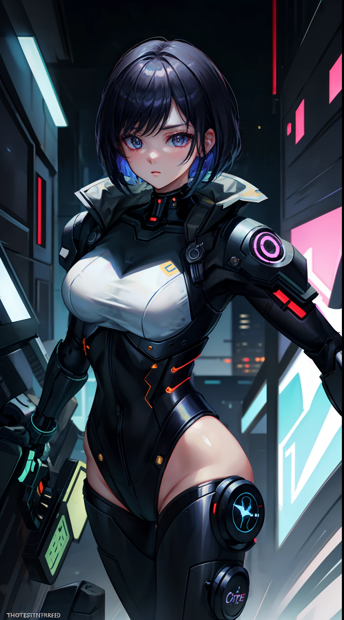 1 girl, upper body, single focus, elite cyborg, Motoko Kusanagi-inspired attire, cybersecurity expert, (cyberpunk city backdrop: 1.4), (elite cyborg: 1.3), cybernetic features, determined aura, [depth of field, ambient lighting, cyber-past foreground, futuristic cityscape], The Major, cybersecurity expert, elite cyborg, (cyberbrain), (cybernetic infiltration: 1.2), intricate details, enhanced lighting.