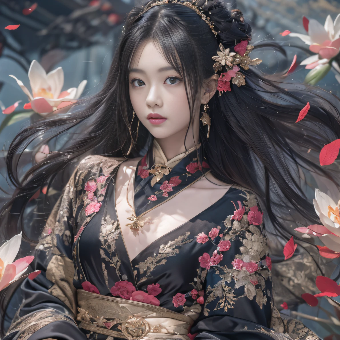 32K(tmasterpiece,k hd,hyper HD,32K)Long flowing black hair,ponds,zydink, a color, Aozhou people (Concubine girl), (Silk scarf), Combat posture, looking at the ground, long whitr hair, Floating hair, Carp pattern headdress, Chinese long-sleeved clothing, (abstract ink splash:1.2), Pink petal background,Pink and white lotus flowers fly(realisticlying:1.4),Black color hair,Fallen leaves flutter,The background is pure, A high resolution, the detail, RAW photogr, Sharp Re, Nikon D850 Film Stock Photo by Jefferies Lee 4 Kodak Portra 400 Camera F1.6 shots, Rich colors, ultra-realistic vivid textures, Dramatic lighting, Unreal Engine Art Station Trend, cinestir 800,Long flowing black hair,Denim skirt