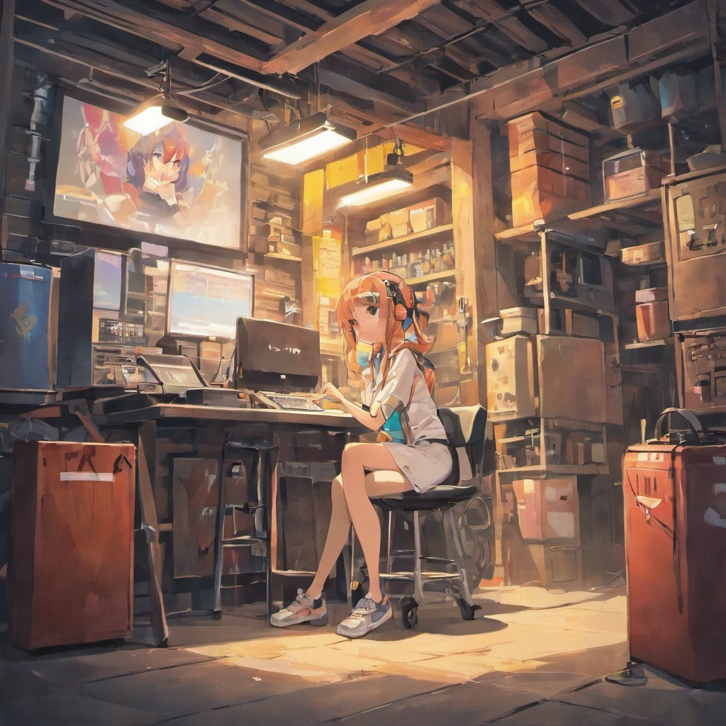 Faraway view、Old garage、Audio equipment、DJ practice on vinyl、Big speakers、head phone、vinyl、 Hand painted carton style, Clean Vector Digital Stickers,White background.