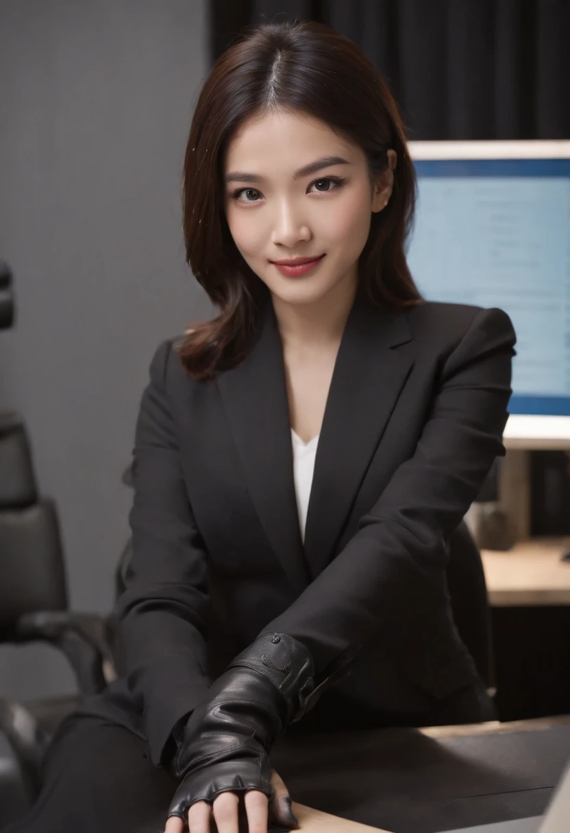 Wearing black leather gloves in both hands, upper body, black business suit, facing the desk in my room with a computer in the dark, looking down and smiling, operating the computer with the fingertips of black leather gloves, black hair bundled at the back for a long time, still young and very cute Japanese female new employee (black leather gloves cover both hands)