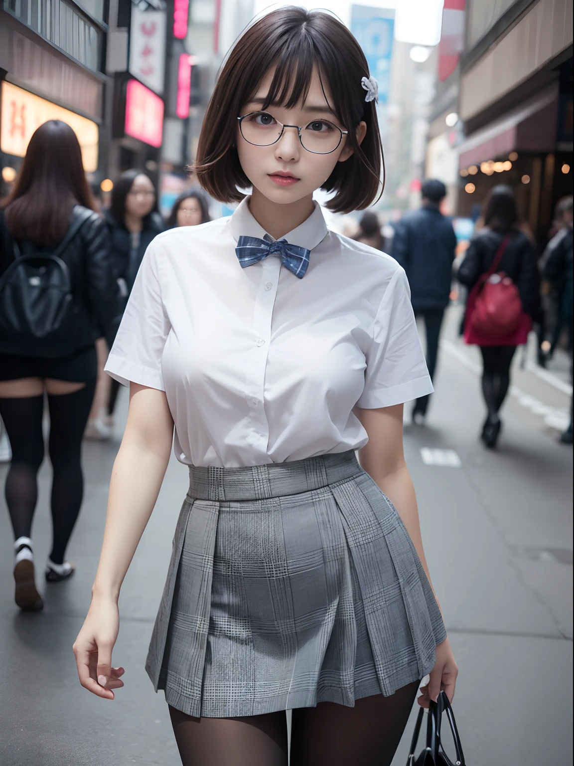 (8K、Raw photography、top-quality、masterpiece:1.2),Black pantyhose,absurderes,a small face,small tits,flat breast,Parting the bangs from the middle、Forehead visible,(Tight eyes,Bullish,skinny,Rasping,irate)、masterpiece,top-quality、超A high resolution,Raw photo,ren,Beautiful fece,One Person, 独奏,eye glass,,Dark look,Small breasts,fullllbody,Round glasses、cute little、A Japanese Lady,is standing,(Tight eyes,Bullish,skinny,Rasping,irate,small tits,flat breast)、(Photorealsitic:1.37)、Photon mapping,Light blue ribbon,Realistic、Cute little face,Brown-eyed、Black socks、(Red bow tie)、Radio City、Physically Based Rendering、Foreground、depth of fields、Blurry background、a picture,The girls、Body, Long legs, Thin leg,poneyTail,(Bangs are visible), hair, s lips, Blue_The eye, nosesoft,White shirt, Navy blue and white plaid pleated skirt, Knees are visible,Sheer clothing,, Thigh, Black cotton socks,Nogizaka Idol, 女優, Japanese ido、large boob、Expose your breasts
