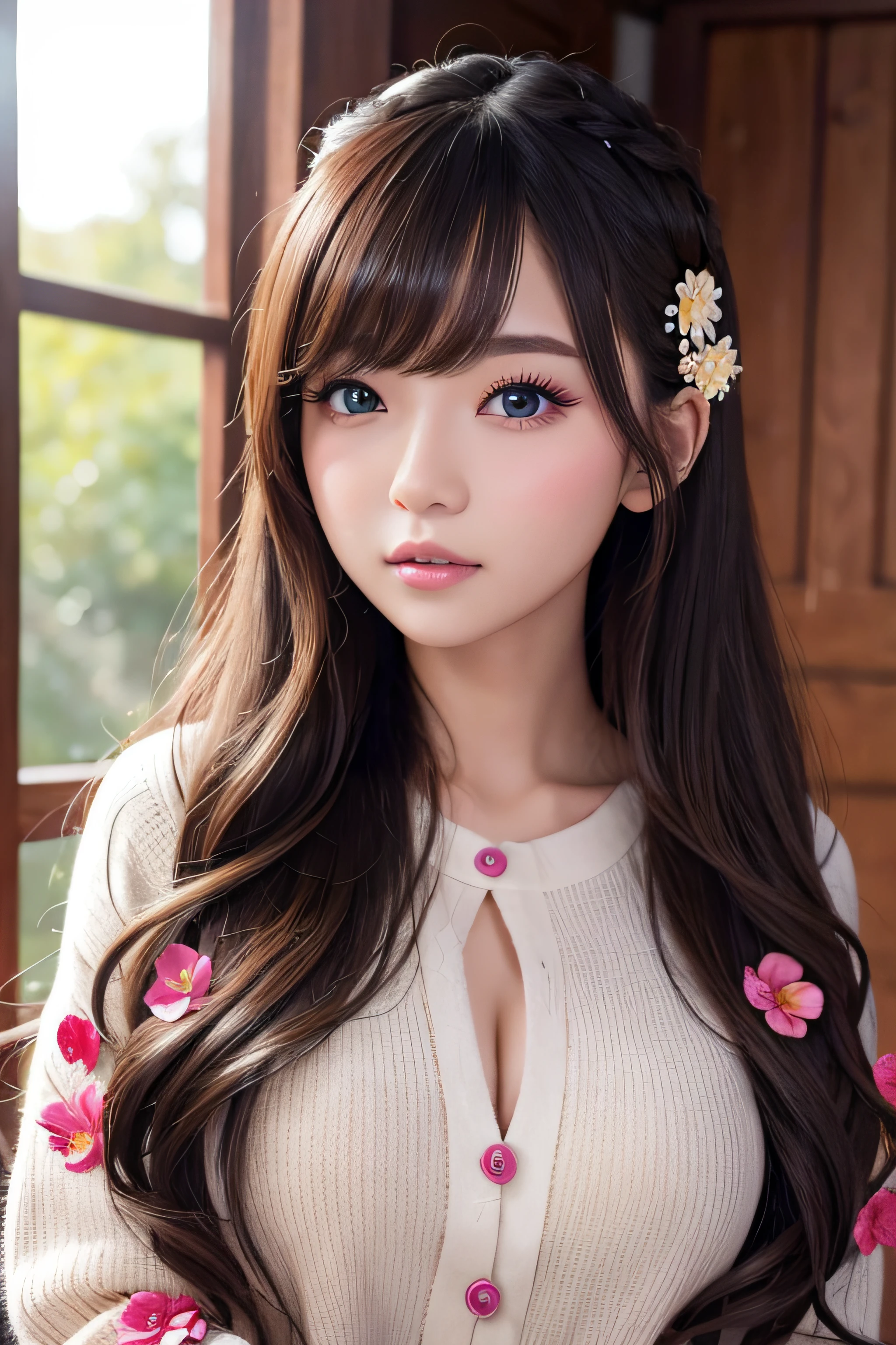 One girl walking on the river、Mix 4、Sweaters、PILLOWS、s lips、Opening Mouth、Outstanding style、Slim body、medium udder、realisitic、a picture_\(Curly\)、独奏、(masterpiece)、(Photorealsitic:1.3)、ultra-detailliert、(high detal)The skin:1.2)、(top-quality:1.0)、(超A high resolution:1.0)、(Orchan-6500:0.3)、Wavy detailed hair、length hair、rays of sunshine、(Beautiful detailed makeup)、(sexual excitement、red blush、Rough breathing:1.0) )、Studded flower themed petals、(soft glow bloom:0.5)