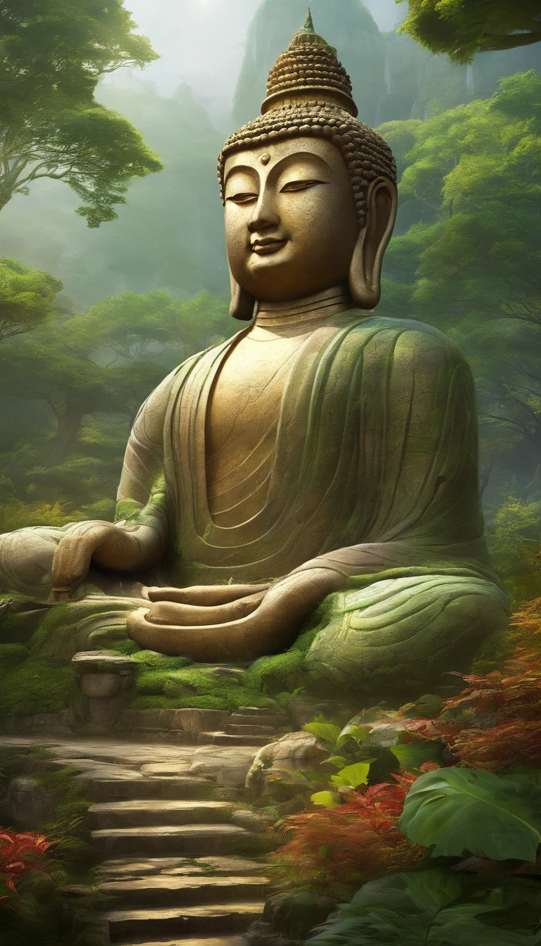 A giant, Realistic depiction of Leshan Buddha, Blend seamlessly with nature, surrealism, Ultra-detailed, Photorealistic:1.37, 3D rendering, Cinematic lighting, Divine light, Ultra-high definition, Masterpiece:1.2, Textured skin, Best quality, high resolution