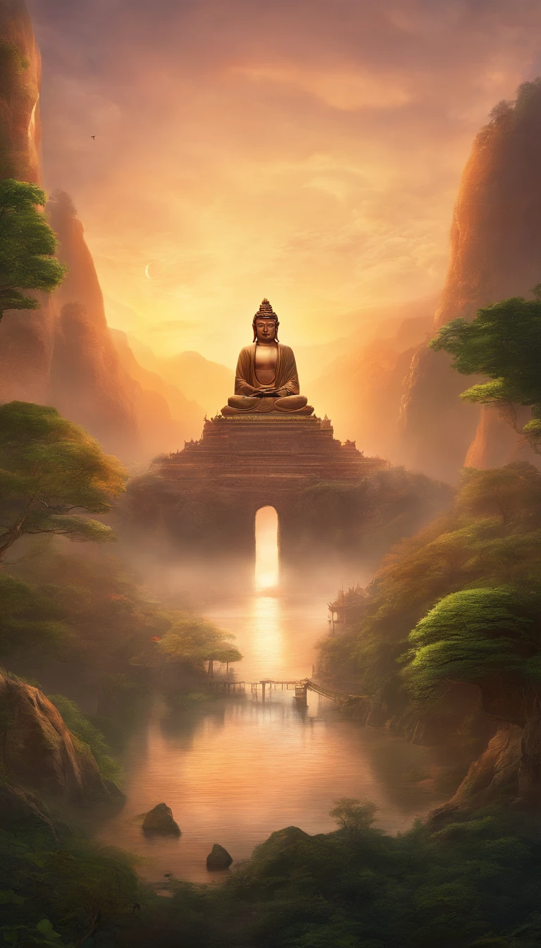 A giant, Realistic depiction of Leshan Buddha, Blend seamlessly with nature, surrealism, Ultra-detailed, Photorealistic:1.37, 3D rendering, Cinematic lighting, Divine light, Ultra-high definition, Masterpiece:1.2, Textured skin, Best quality, high resolution