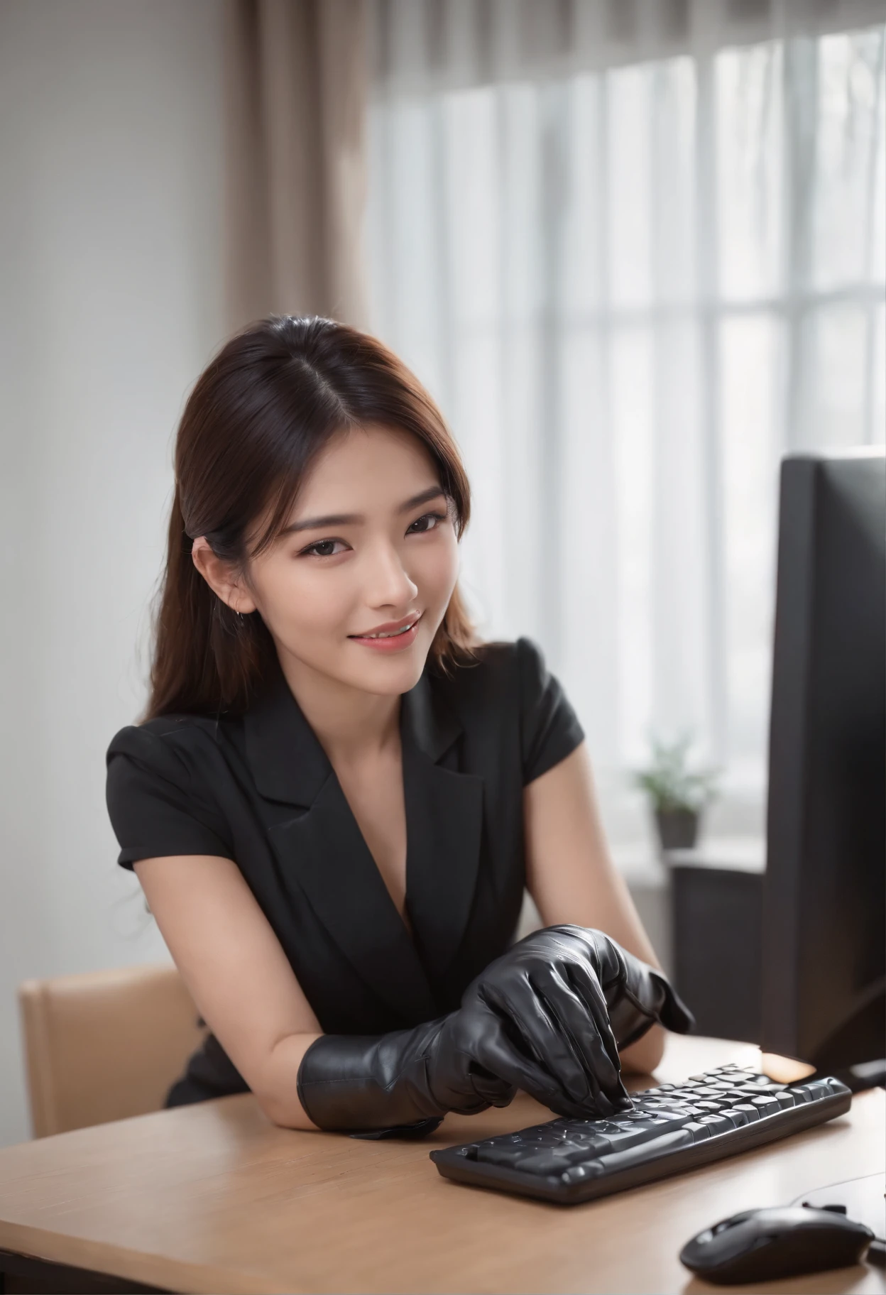 Wearing black leather gloves in both hands, upper body, black business suit, facing the desk in my room with a computer in the dark, looking down and smiling, operating the computer with the fingertips of black leather gloves, black hair bundled at the back for a long time, still young and very cute Japanese female new employee (black leather gloves cover both hands)