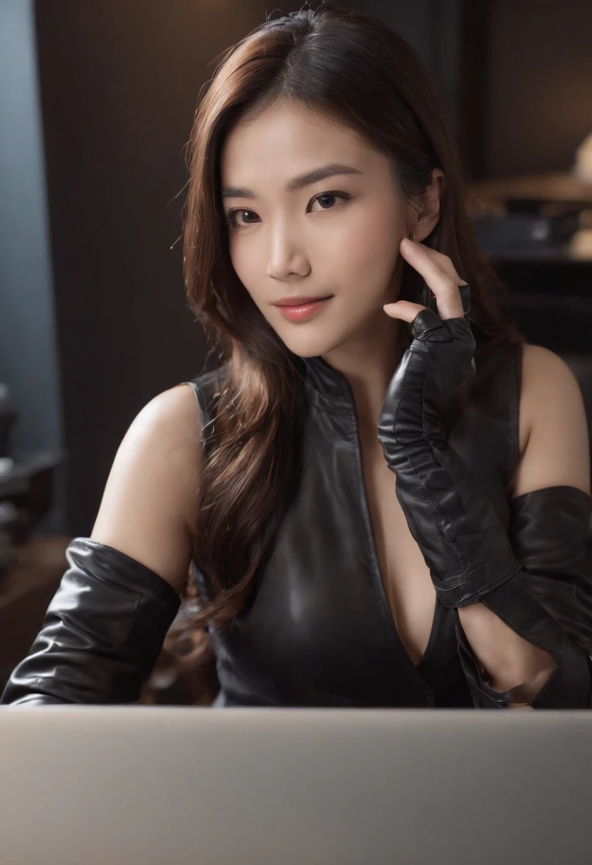 Wearing black leather gloves in both hands, upper body, black business suit, facing the desk in my room with a computer in the dark, looking down and smiling, operating the computer with the fingertips of black leather gloves, black hair bundled at the back for a long time, still young and very cute Japanese female new employee (black leather gloves cover both hands)
