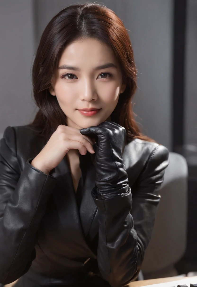 Wearing black leather gloves in both hands, upper body, black business suit, facing the desk in my room with a computer in the dark, looking down and smiling, operating the computer with the fingertips of black leather gloves, black hair bundled at the back for a long time, still young and very cute Japanese female new employee (black leather gloves cover both hands)