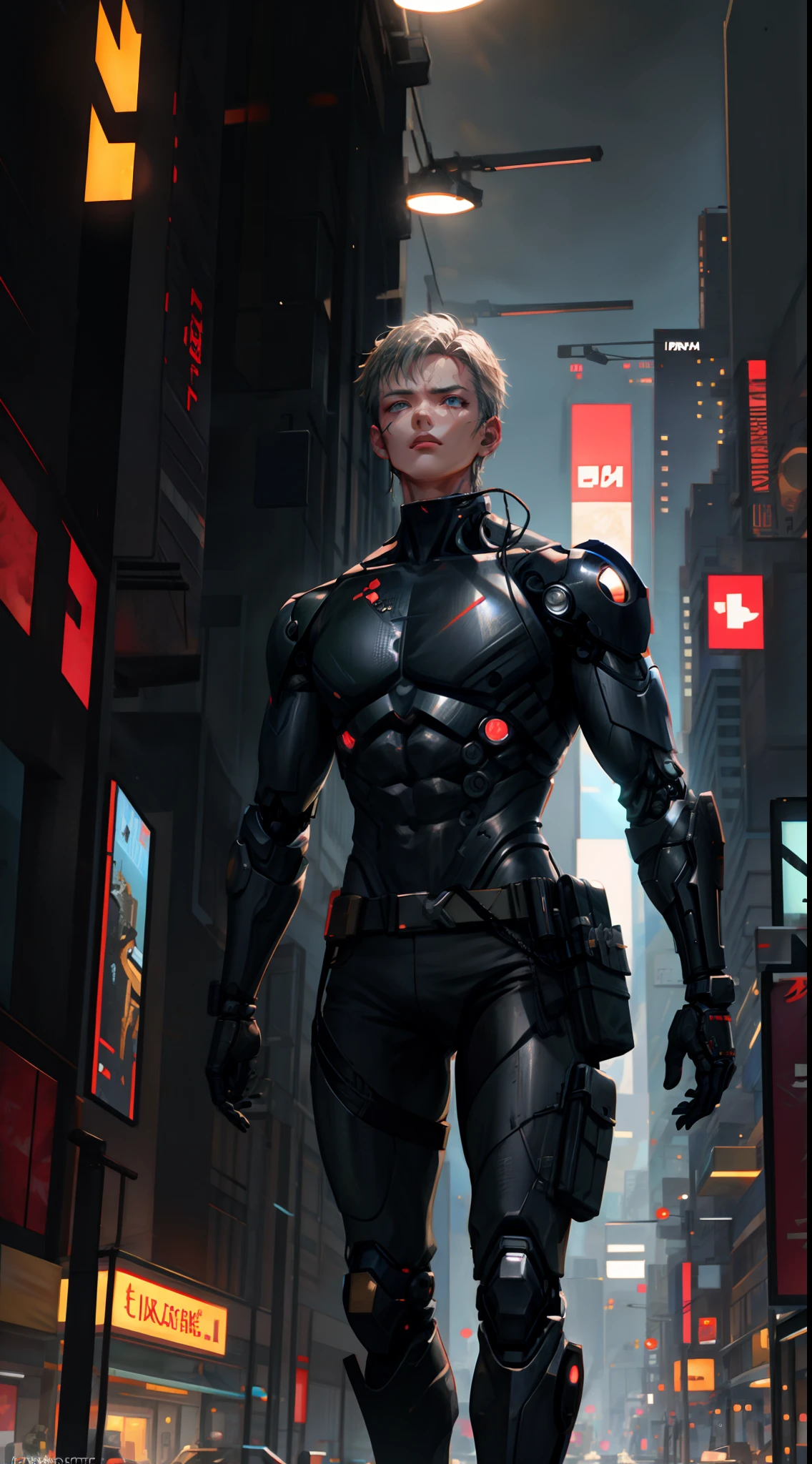 1 man, upper body, single focus, rugged cyborg, Batou-inspired attire, field agent, (cyberpunk city backdrop: 1.4), (combat cyborg: 1.3), cybernetic features, determined aura, [depth of field, ambient lighting, rugged cyborg foreground, futuristic cityscape], Agent Batou, combat cyborg, fearless operative, (cybernetic eyes), (covert mission: 1.2), intricate details, enhanced lighting.