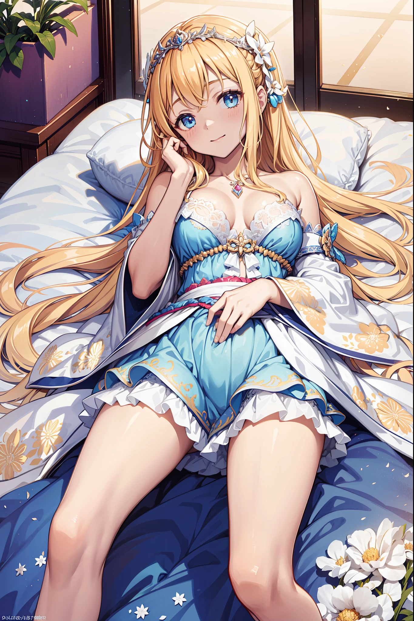 teens girl,divino,Enchanted,having fun,Being in love,blond hairbl,pale robe,intricate detailed clothes,Pattern,Princess headband,A small amount of lace,swim wears,Bedrooms,solo person,the night,(Lie down),pillow head