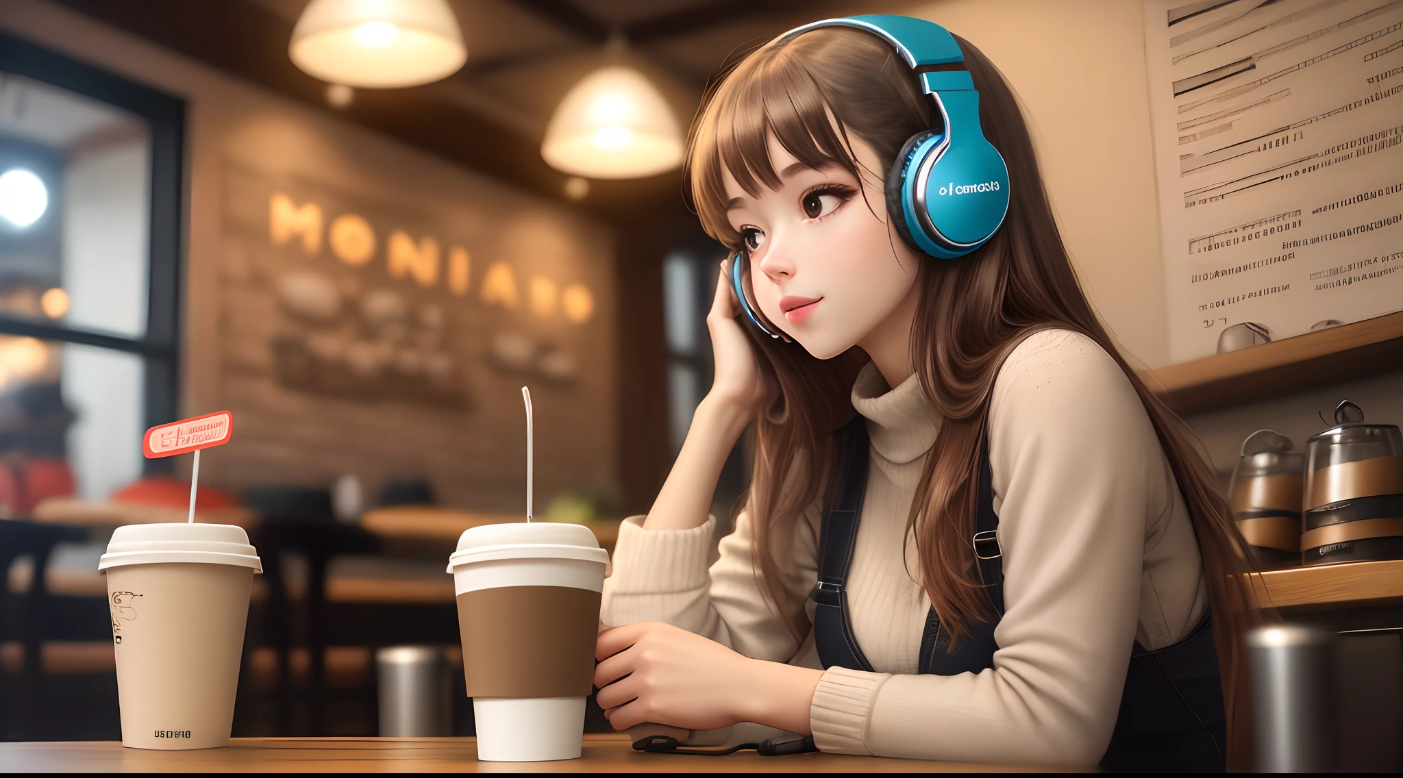 Coffee shop interior
Girl at table
Listening to music
Headphones
Cup of coffee
Cozy ambiance
Cafe atmosphere