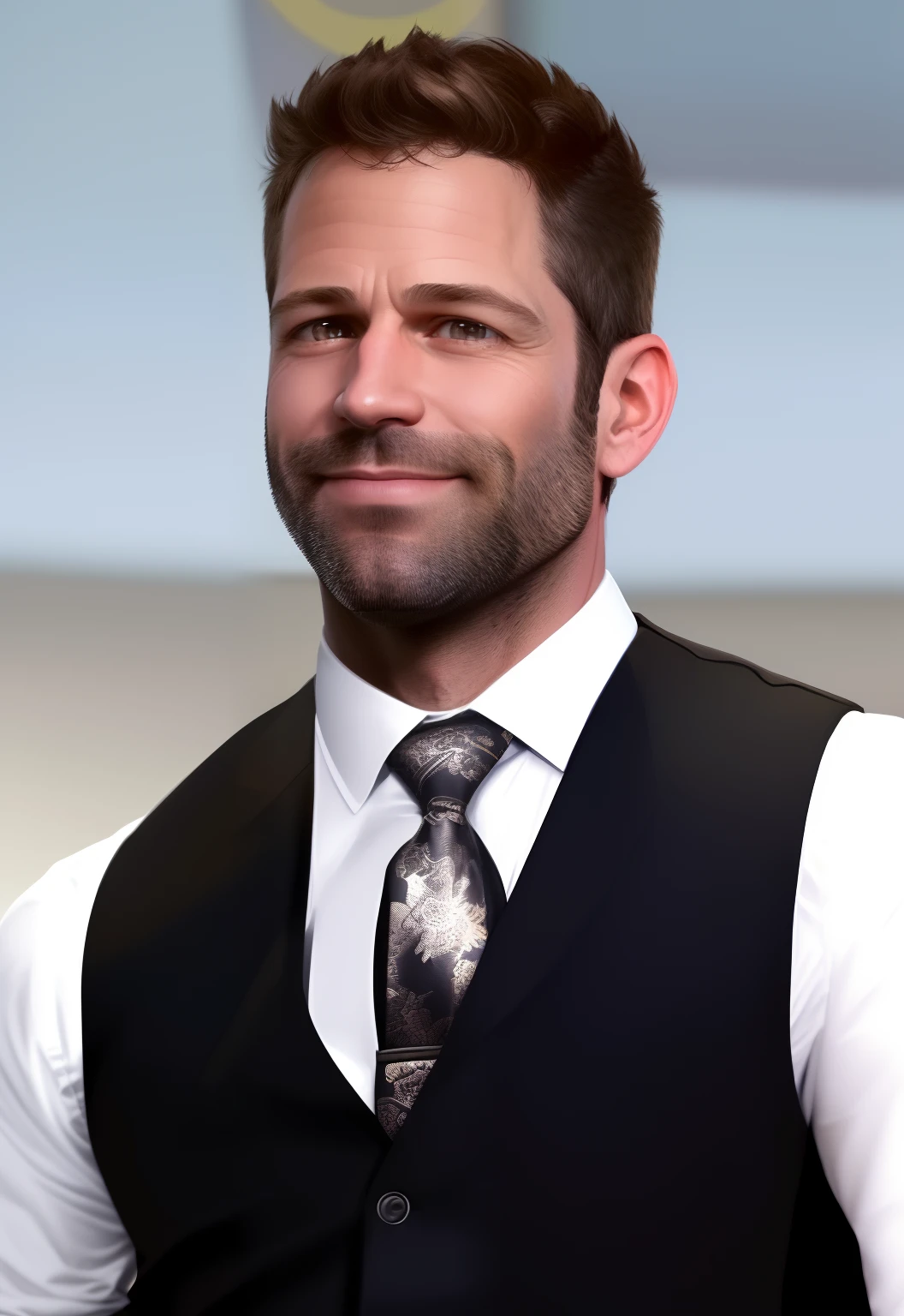 there is a man in a vest and tie smiling at the camera, zack snyder 3 8 4 0 x 2 1 6 0, by Zack Snyder, inspired by Zack Snyder, lee madgwick and zack snyder, nate berkus, zack snyder cinematography style, best, ben affleck, wearing a suit and a tie, beksinksi
