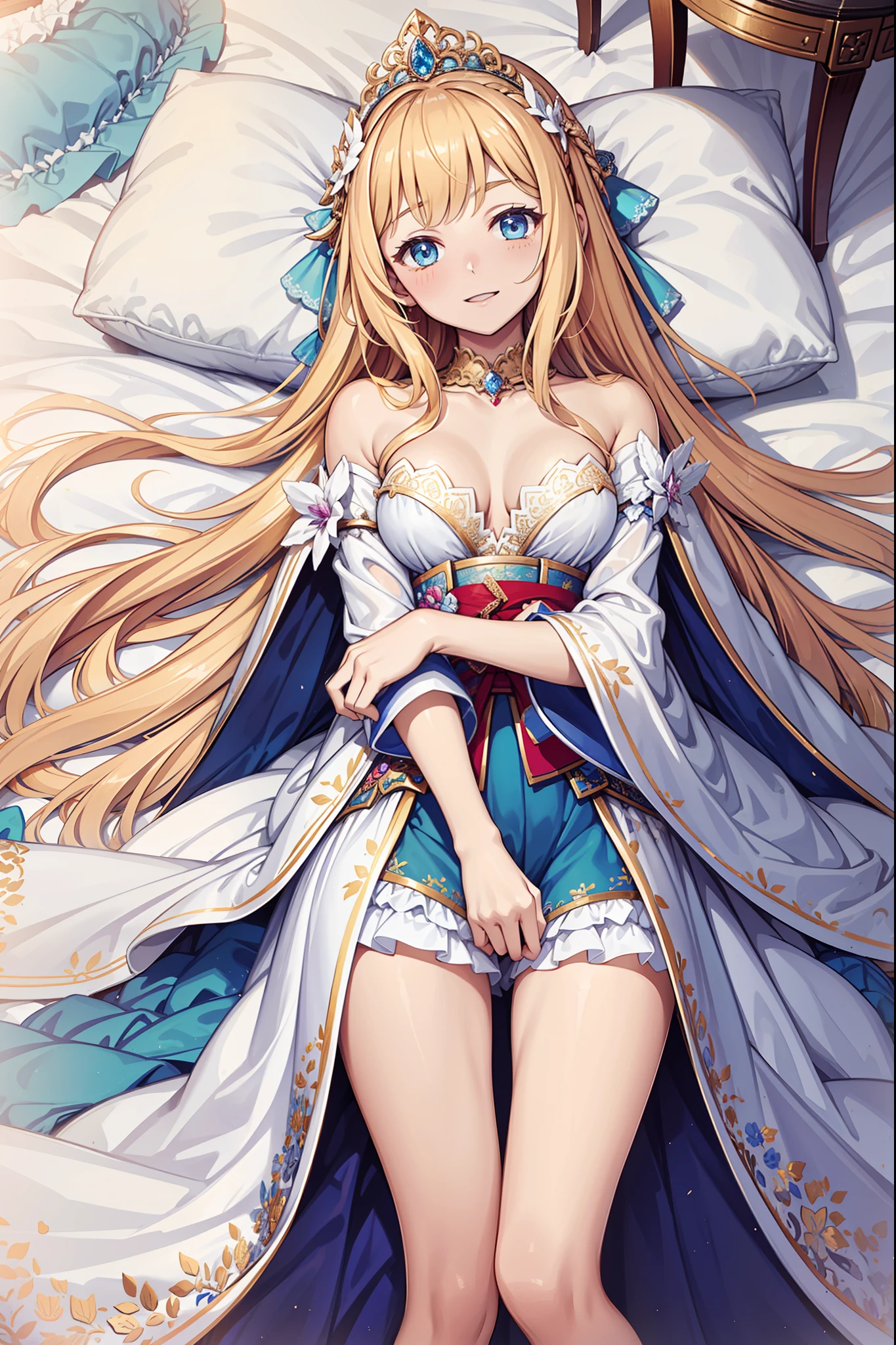teens girl,divino,Enchanted,having fun,Being in love,blond hairbl,pale robe,intricate detailed clothes,Pattern,Princess headband,A small amount of lace,swim wears,Bedrooms,solo person,the night,(Lie down),pillow head