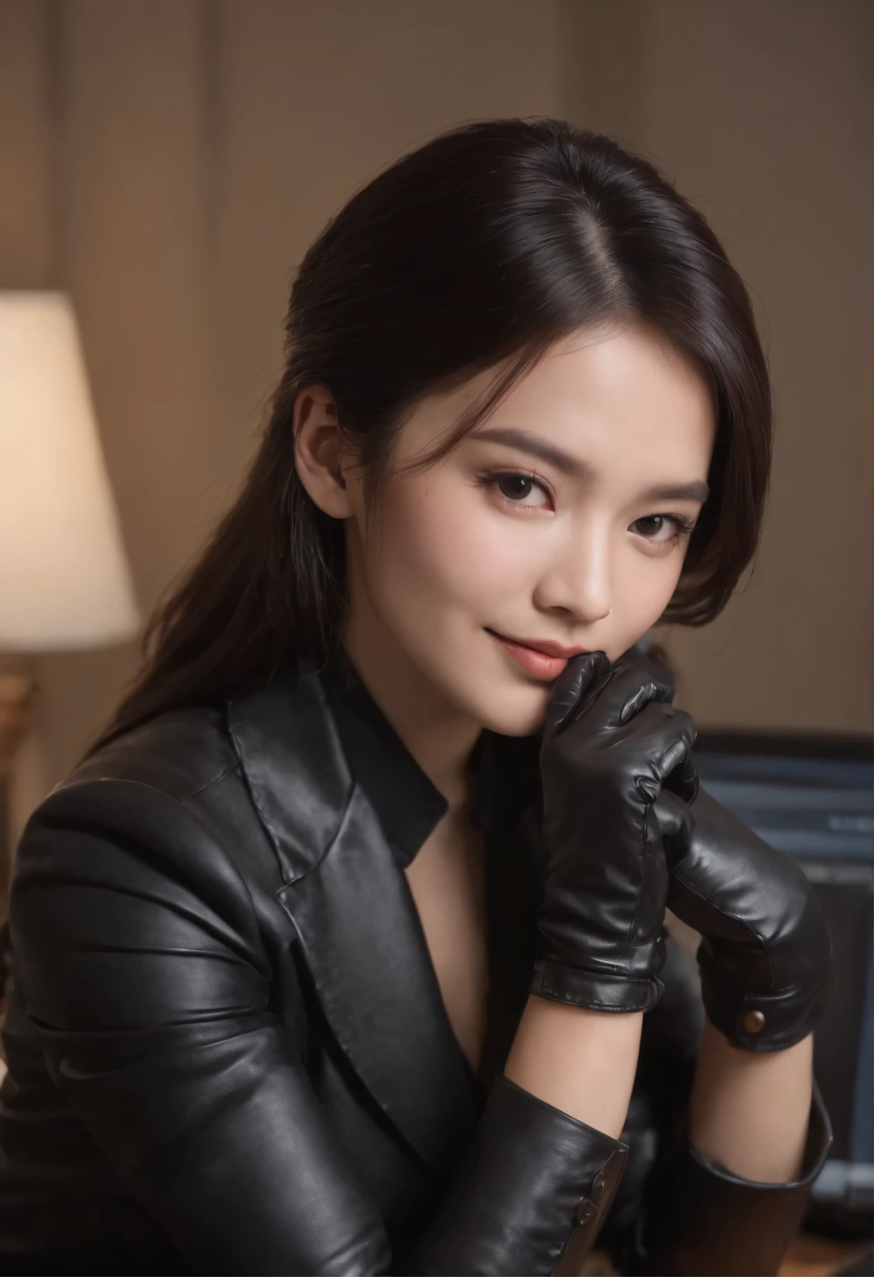 Wearing black leather gloves in both hands, upper body, black business suit, facing the desk in my room with a computer in the dark, looking down and smiling, operating the computer with the fingertips of black leather gloves, black hair bundled at the back for a long time, still young and very cute Japanese female new employee (black leather gloves cover both hands)