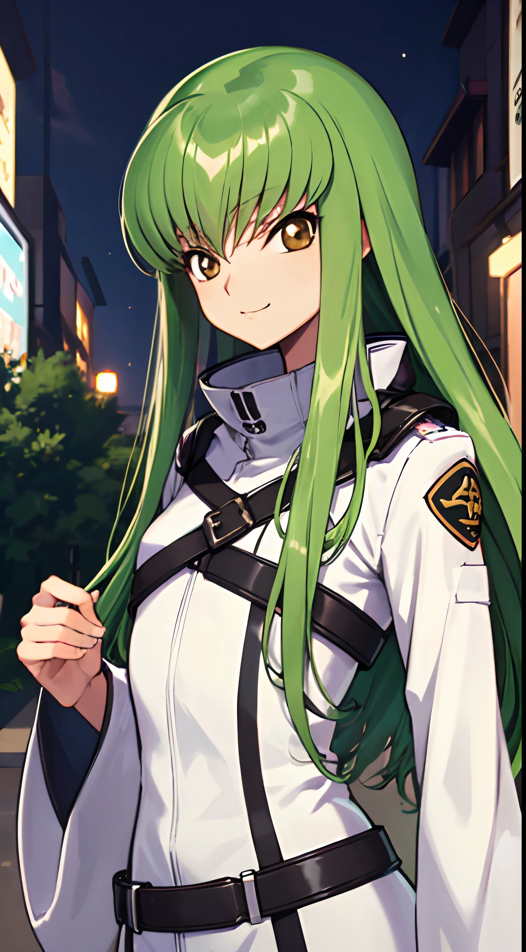 CodeGeass Ticker, nffsw, (Brown eyes:1.5), Green hair, Long hair, Straight hair,
Break Strait Jacket, (white straitjacket:1.5), Wide sleeves,
BREAK outdoors, city,
BREAK looking at viewer, BREAK (masutepiece:1.2), Best Quality, High resolution, Unity 8k壁纸, Beautiful detailed eyes, extra detailed face,a smile、cowboy  shot