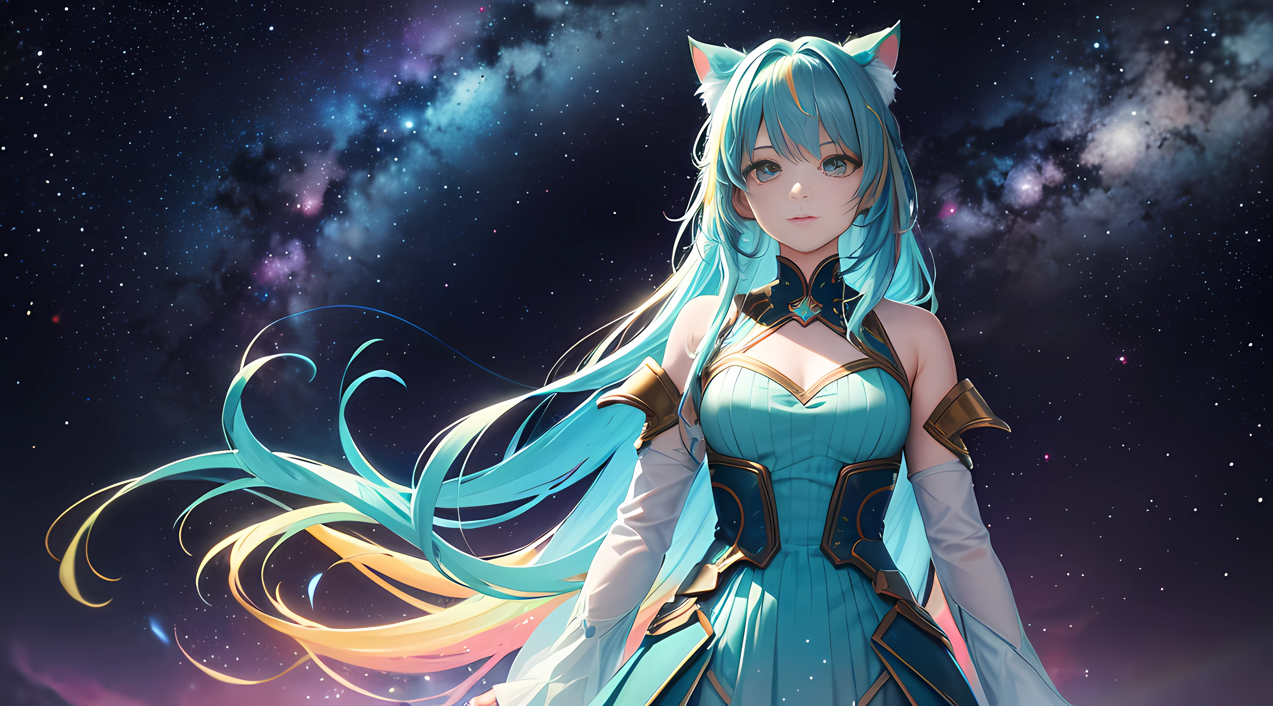 A girl with rainbow-colored hair and delicate teal dress armor, standing, rainbow colored cosmic nebula background, stars, galaxias, Intricate details, Perfect face,cat ear,