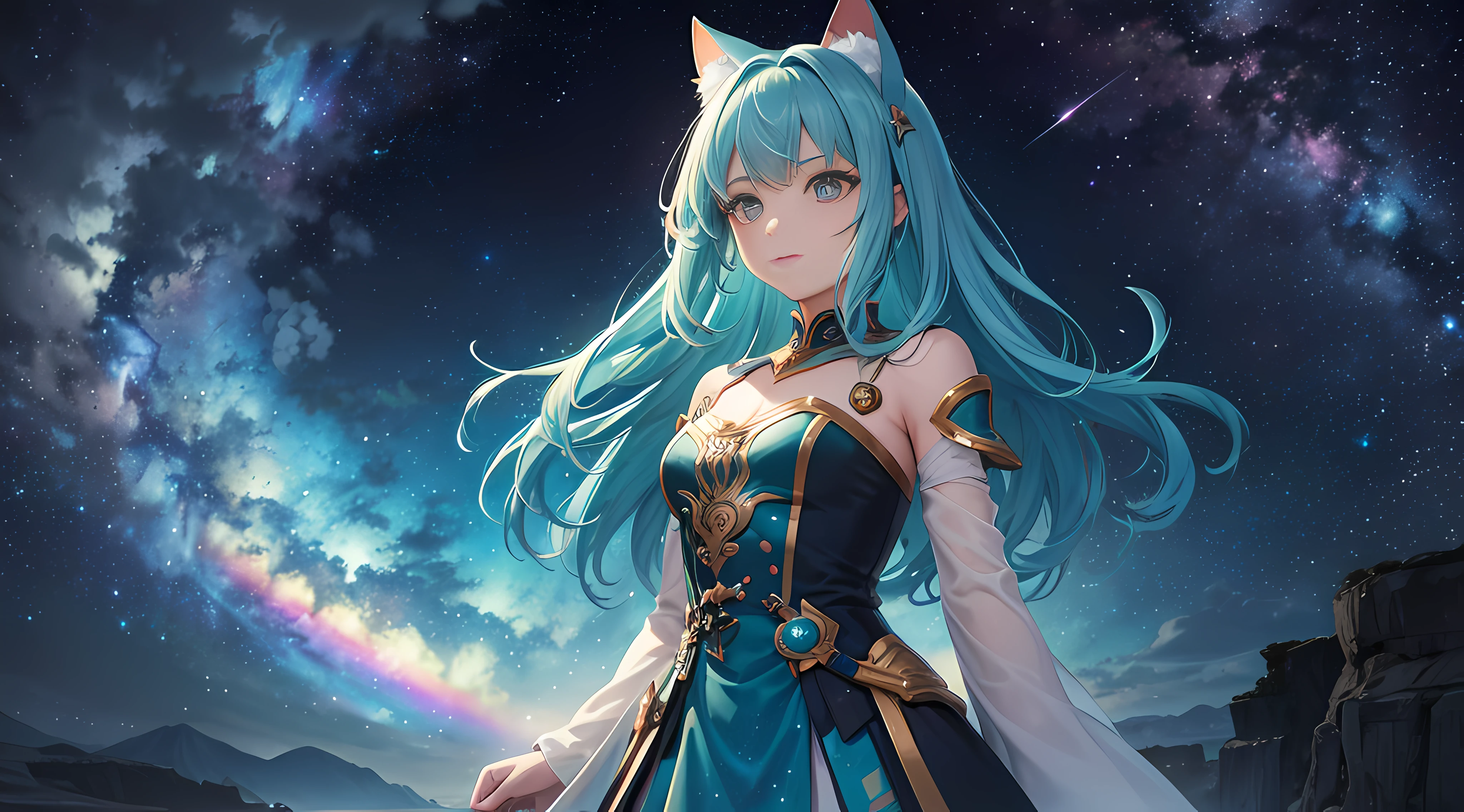 A girl with rainbow-colored hair and delicate teal dress armor, standing, rainbow colored cosmic nebula background, stars, galaxias, Intricate details, Perfect face，cat ear，