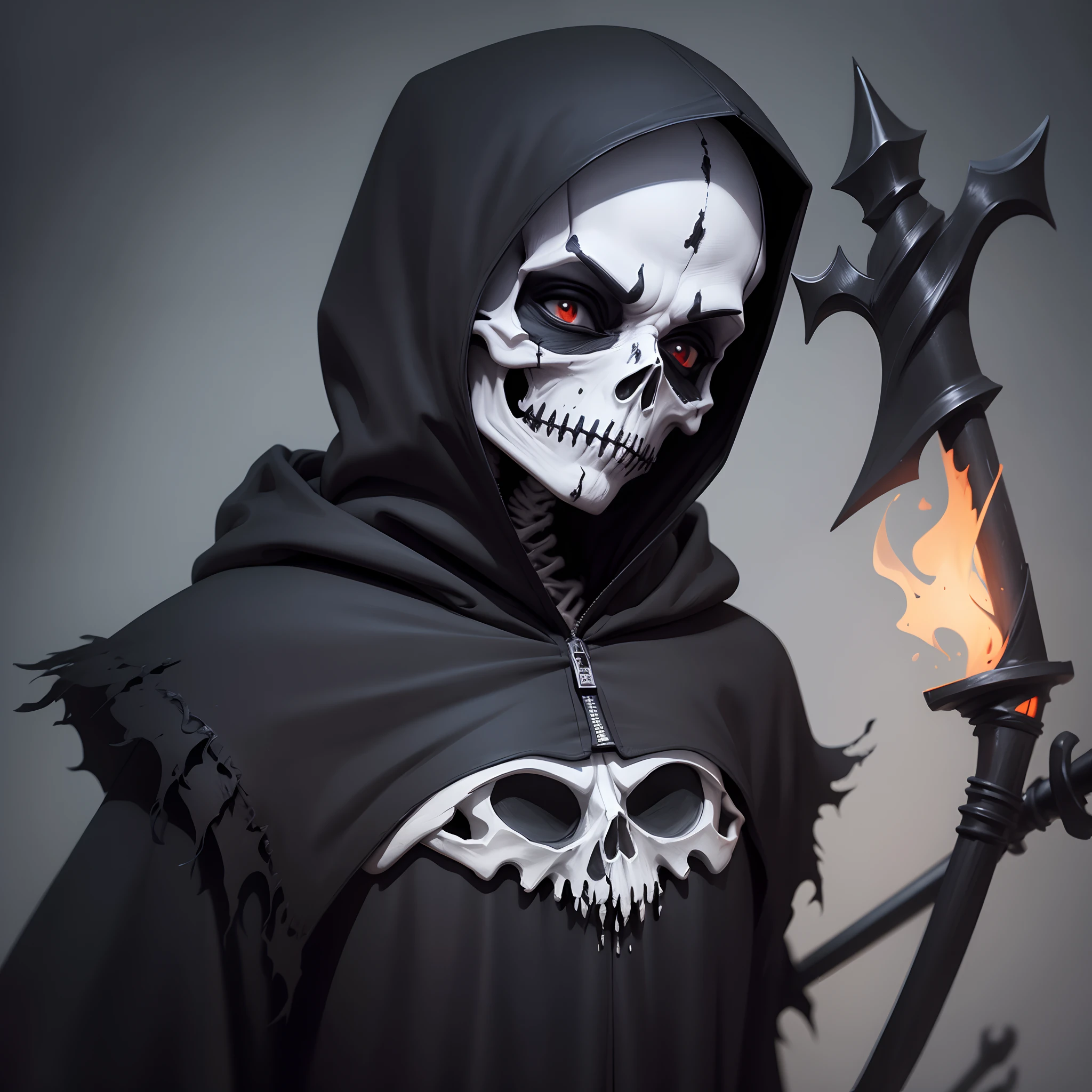 Halloween cartoon, cute grim reaper, cute skeletal face, wearing black dirty torn hood, holding spears, black smoke Halloween background, pumpkin, bats, 4k quality