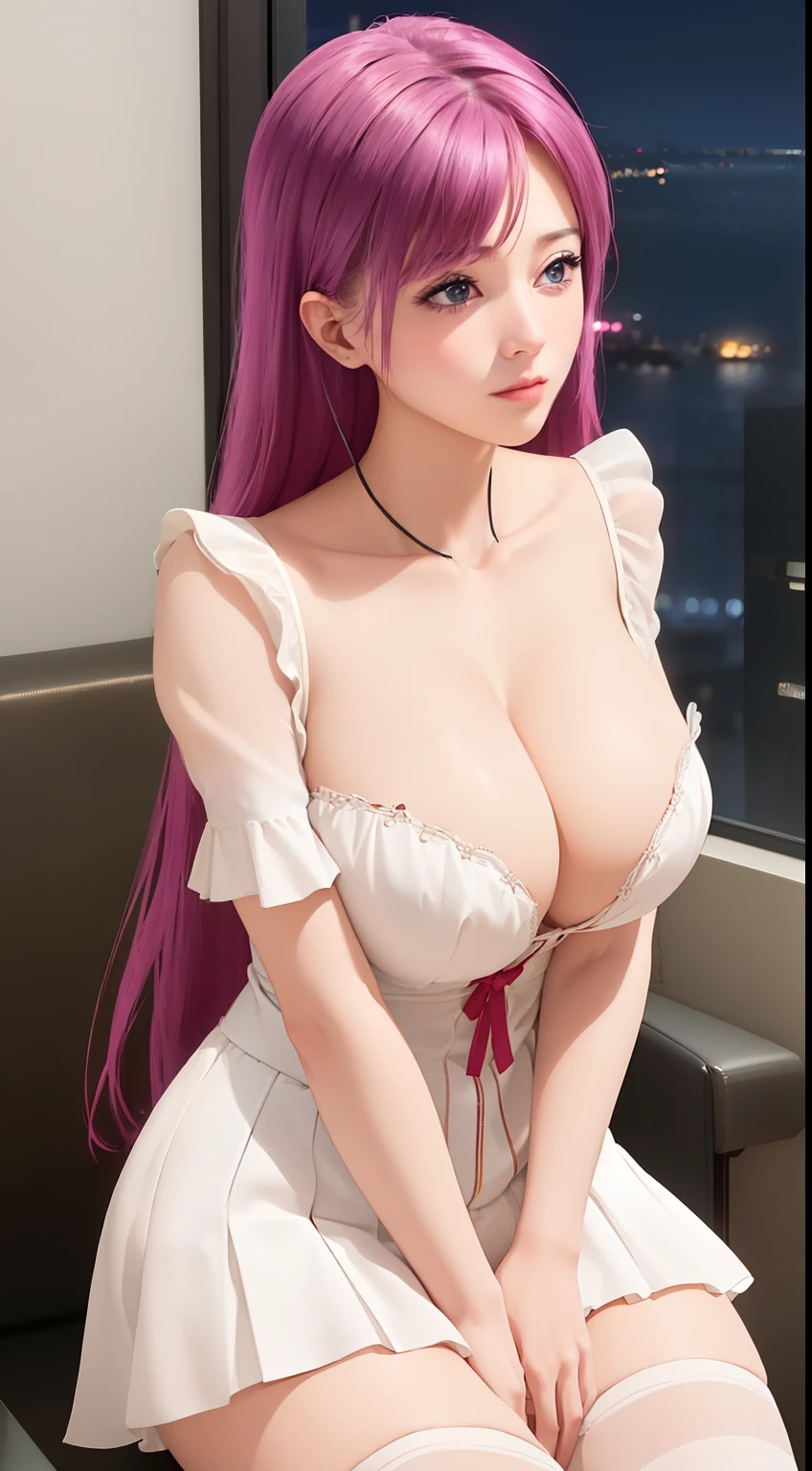 (Night:1.7), Cyberpunk_CityView, Before Window,in front of a wall with a clock,
sitting at attention,sitting on couch,
white shirt,yellow skirt,collarbone, cleavage, puffy_short_sleeves,thighhighs, White legwear,
no_bra,
pink_hair,long_hair,blue_eyes,
1 girl, 20yo,mature female,Beautiful Finger,Beautiful long legs,Beautiful body,Beautiful Nose,Beautiful character design, perfect eyes, perfect face,
looking at viewer, (innocent_big_eyes:1.0),(expressionless:1.3),
NSFW,official art,extremely detailed CG unity 8k wallpaper, perfect lighting,Colorful, Bright_Front_face_Lighting,
(masterpiece:1.0),(best_quality:1.0), ultra high res,4K,ultra-detailed,
photography, 8K, HDR, highres, absurdres:1.2, Kodak portra 400, film grain, blurry background, bokeh:1.2, lens flare, (vibrant_color:1.2)
(Beautiful,large_Breasts:1.4), (beautiful_face:1.5),(narrow_waist),huge breast