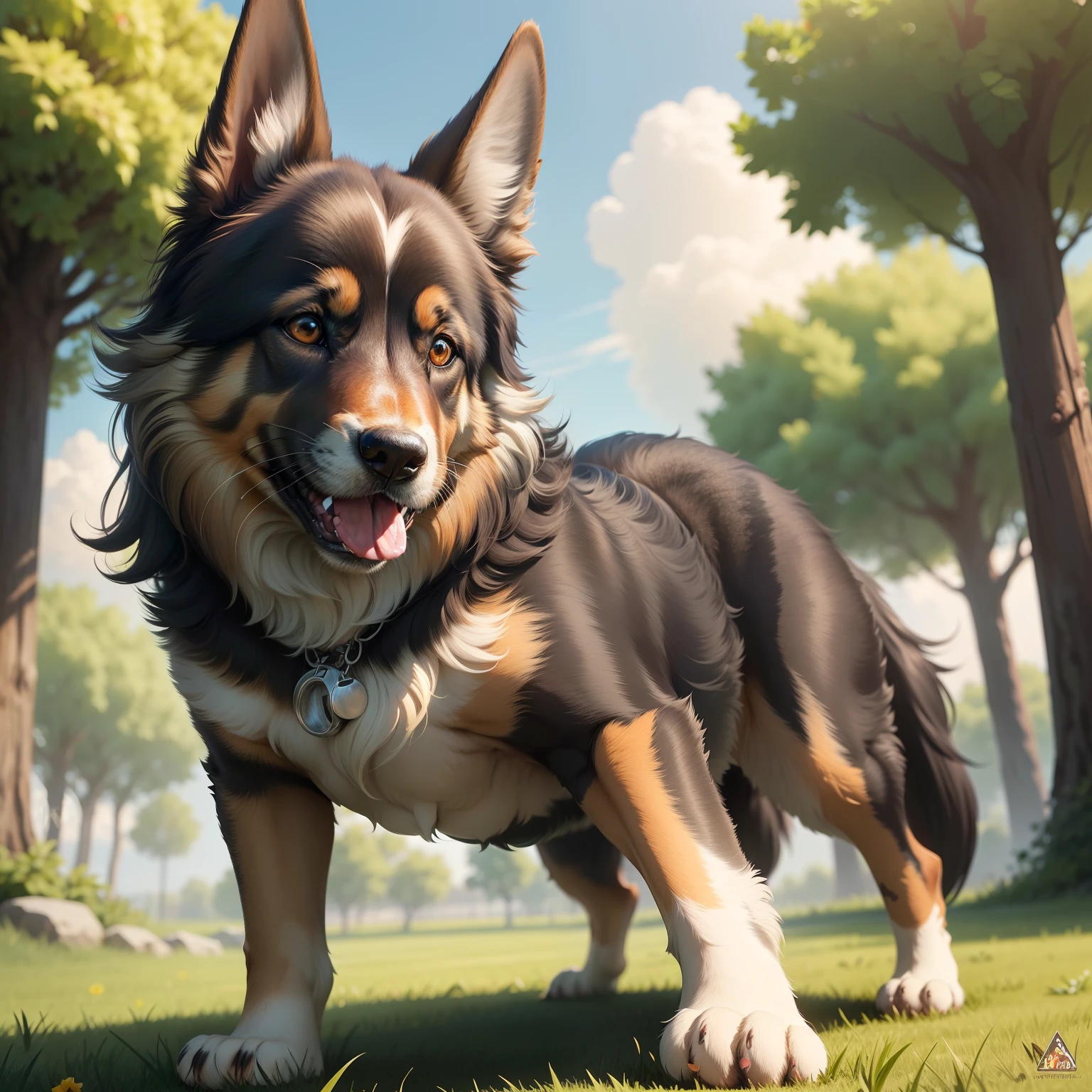 (best quality, ultra-detailed), young long haired German shepherd with one ear up and one ear flopped down, realistic portrait, vibrant colors, soft natural light, detailed fur, attentive expression, playful personality, outdoor setting, green grass and blue sky, lively energy, outdoor adventure, dog lover's dream, joyful companionship, loyal and intelligent breed, strong and muscular build, adorable floppy ear, expressive eyes, glossy black and tan fur, energetic tail wagging, active and alert posture, inquisitive and curious nature, an embodiment of canine beauty, wagging tail, tongue lolling, sunny disposition, happy and healthy, boundless energy, active lifestyle
