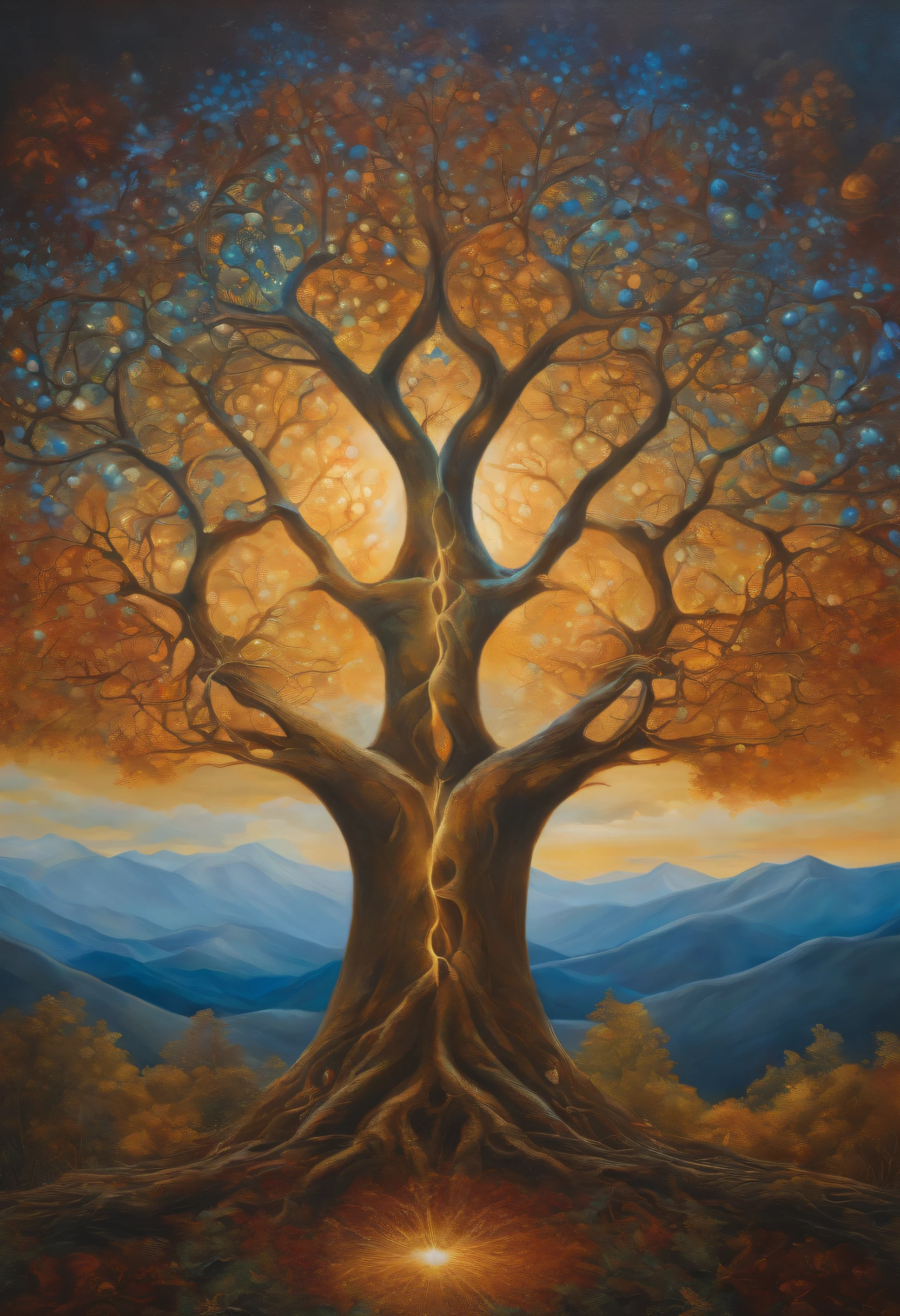 Beautiful symmetrical full body photo painted in oil with thick brushstrokes and wet paint, Fibonacci, golden ratio, melted wax, visible brushstrokes, surrounded by crystal spheres, 3D tessellation wireframe, neural graphic, neurons, tree of life, color, love, passion, oil on canvas, thick brushstrokes, insanely detailed, 8k uhd, masterpiece, artstation, surreal