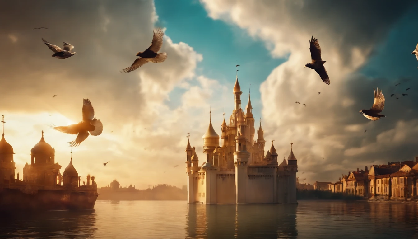 Floating City, Floating Castle Sun Rays, Birds, Heaven, Angels, Wallpaper, Masterpiece, Unreal, Colorful