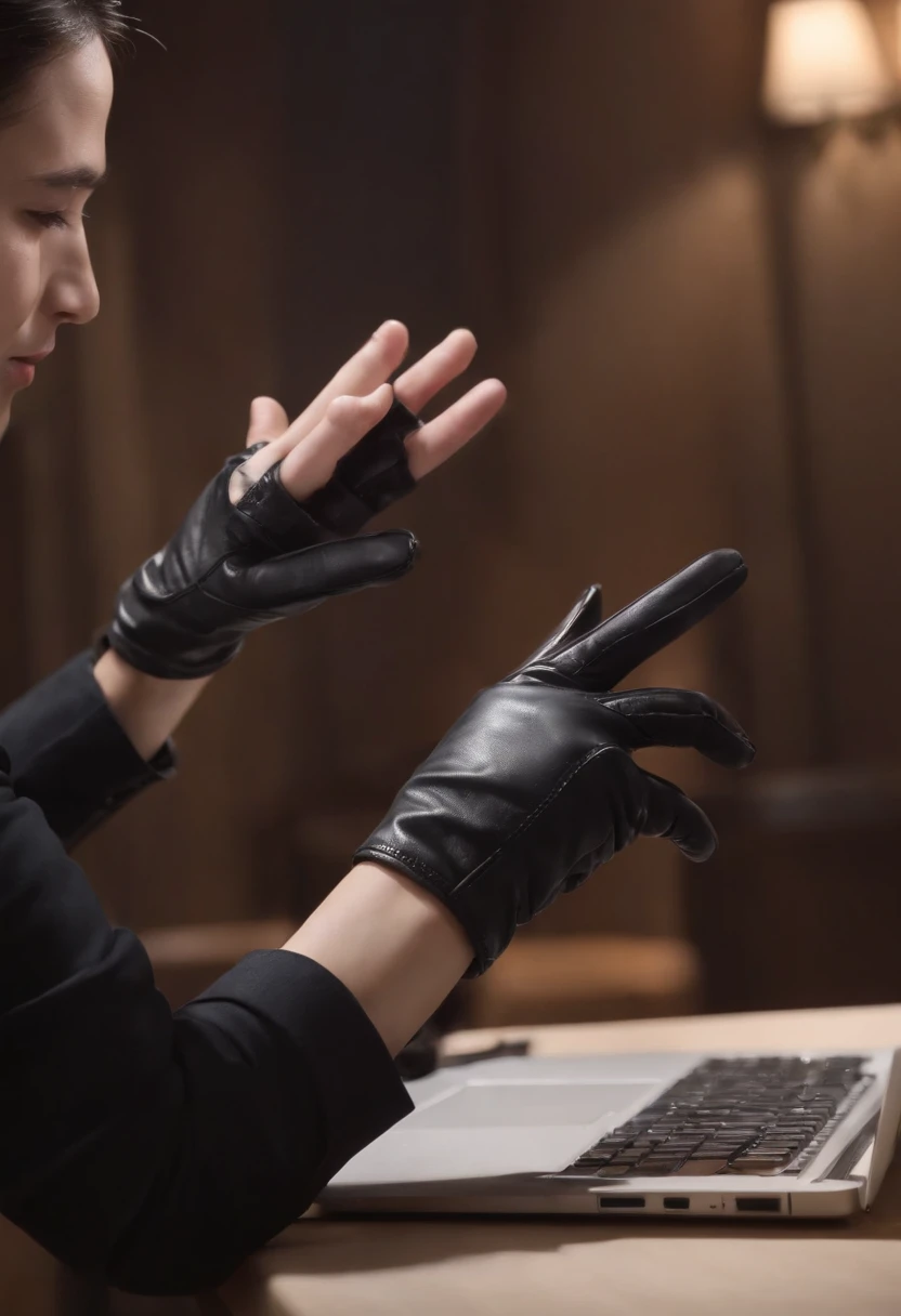 Wear black leather gloves on both hands, Upper body, In black suit, Facing the table in my room,Computer in the dark, Head down and smile, Operate the computer with the fingertips of black leather gloves, The brunette was tied up behind his back for a long time, Still young and cute Japanese female new employee (Black leather gloves cover hands)