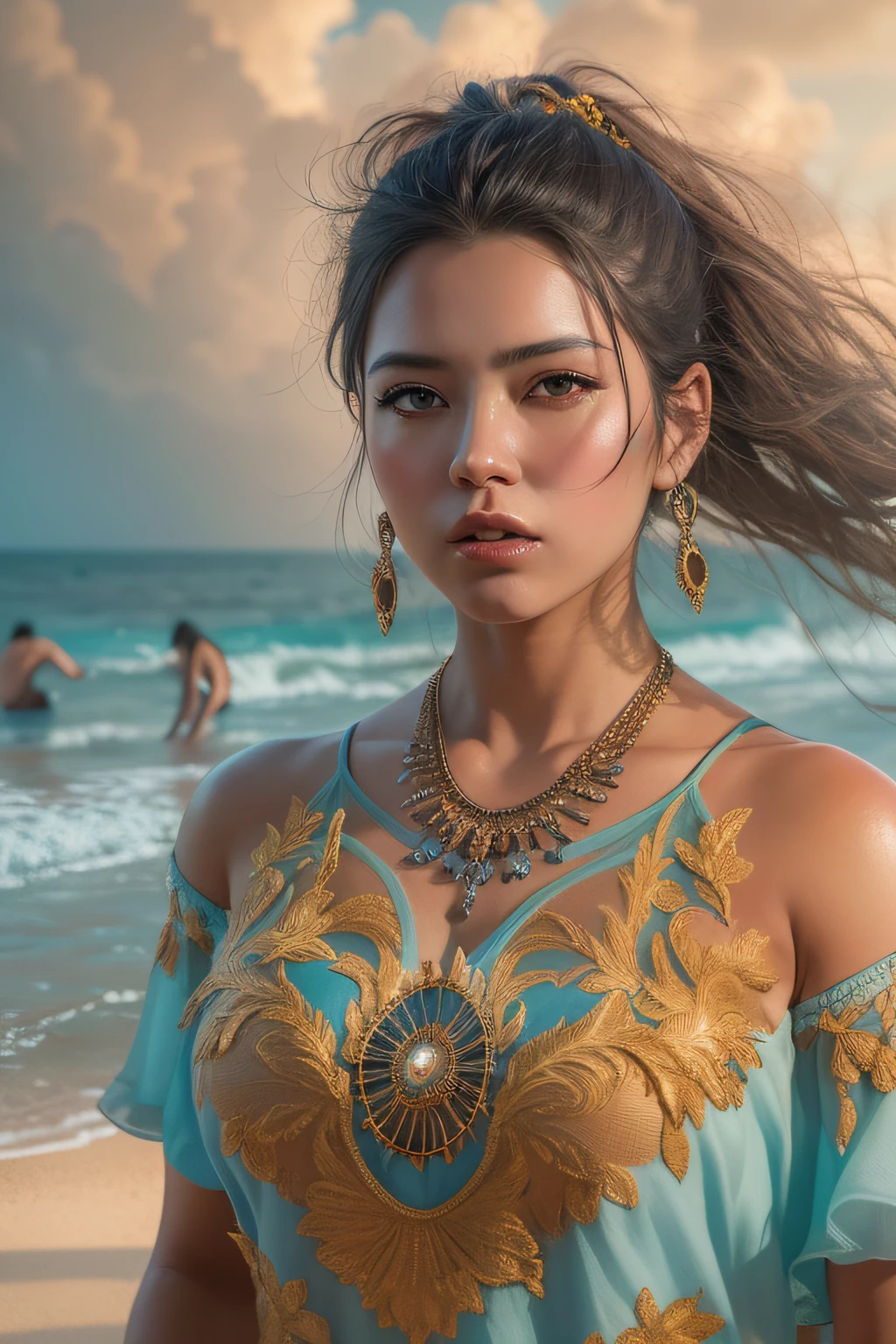 Hyper-realistic oil painting of Latin American woman in summer dress on beach, wild hairs, full bodyesbian, Sun, enlightening, And her open ice blue shirt. 4K 分辨率, intricately details, Cinematic, full bodyesbian, Detailed symmetrical eyes, Intricate details, Beautiful and detailed and complex face, Kahn Griffith and Vadim Kashin concept art, Ominous, nearing perfection, Highly detailed, smooth, trends in art station, Sharp focus, Digital art, Perfectcomposition, Yadab, Hyperdetailed painting, iso 200, 100mm, DLSR, Dynamic, Lighting studio, vibrant, The Art of the Alyssa Monk