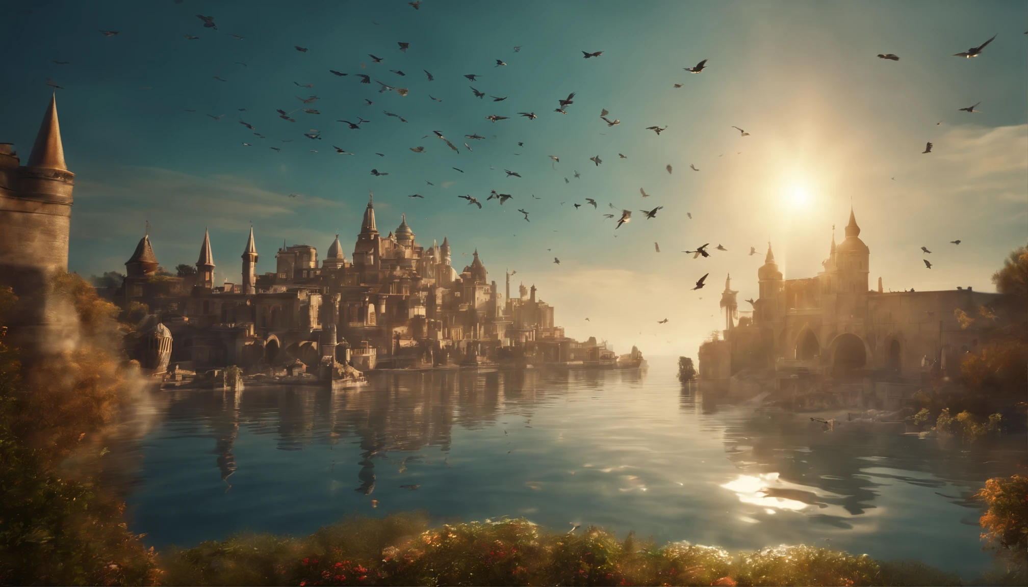 Floating City, Floating Castle Sun Rays, Birds, Heaven, Angels, Wallpaper, Masterpiece, Unreal, Colorful