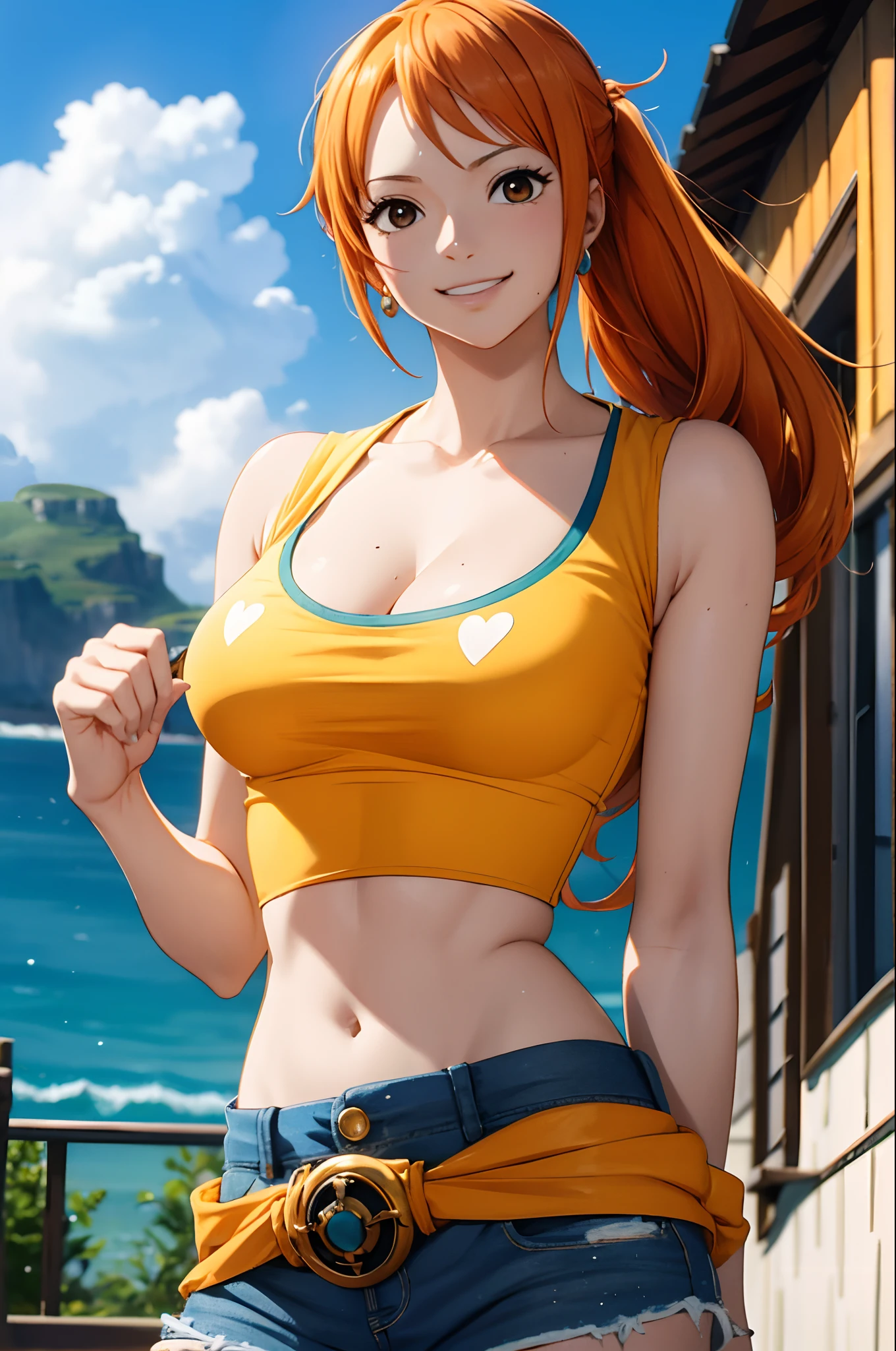 The centerpiece of the image is Nami from one piece, Standing outside with a confident smile. She has orange hair styled in a side ponytail, et porte un short en jean avec des bretelles sur un crop top jaune qui montre son ventre et son nombril. Ses cheveux courts encadrent son visage, tandis que sa posture de tir de cow-boy respire la confiance et la force.
Total, The image is a masterpiece, with high-quality detail and realistic rendering of Nami, sa tenue, Les couleurs sont vives et accrocheuses, and the image is high resolution, capturing every nuance of Nami's confident and adventurous spirit.