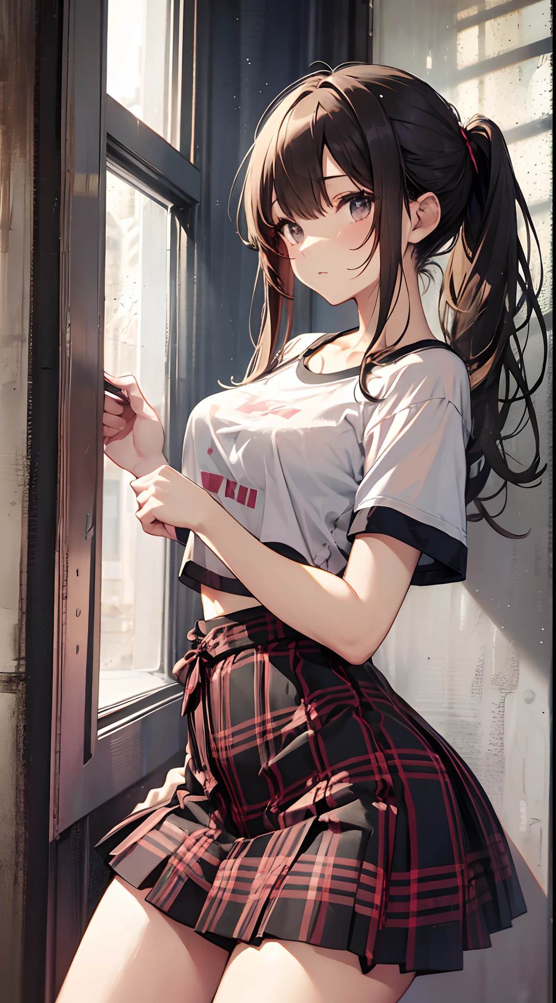 Athletic Girl, pony tale, lingerie, Short T-shirt, Knotted hem, tartan skirt,
