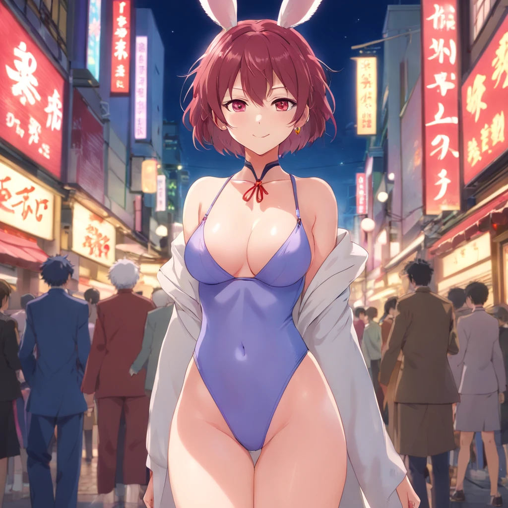 masterpiece, hightquality, 美丽的面容, a smile, multipel Girls, Female genitals, Bite, bunny, Bunny ears, bunny tail, Pink Bunny Suit, Leotard, a smile, cleavage of the breast,(Big H Cup), perfect round breasts, skiny, Perfect female body, ((narrow waists))), rich, high class, curlyhair, bangss, thighs thighs thighs thighs,is standing, looking at the viewers, red blush, Racy underwear), NSFW, (eyecontact)、The bustling streets of Gintama,Crowds, Night, Lit up, flawless skin、pretty skin、Soft skin、shinny skin