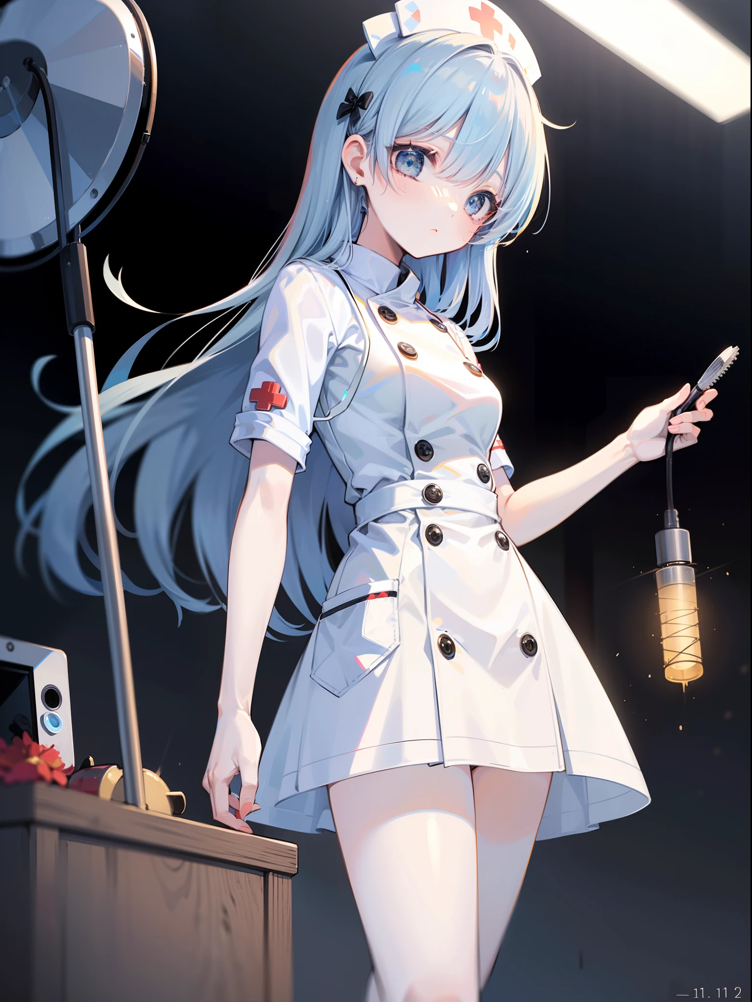 (Masterpiece: 1.2), (White Nurse Uniform: 1.1), (Thin Legs: 1.1), (Balance), (Ja: Elegant Lace or Fine Details), (Camera: Low Angle), (Character: 1 Girl), Delicate Facial Features, (Ja: Blue Eyes), (Ja: White Skin), (Ja: Shiny Hair), (Embedded: Nursing Tools), (Ja: Transparency), (Ja: Calm Atmosphere), Future Technology, Medical Instruments