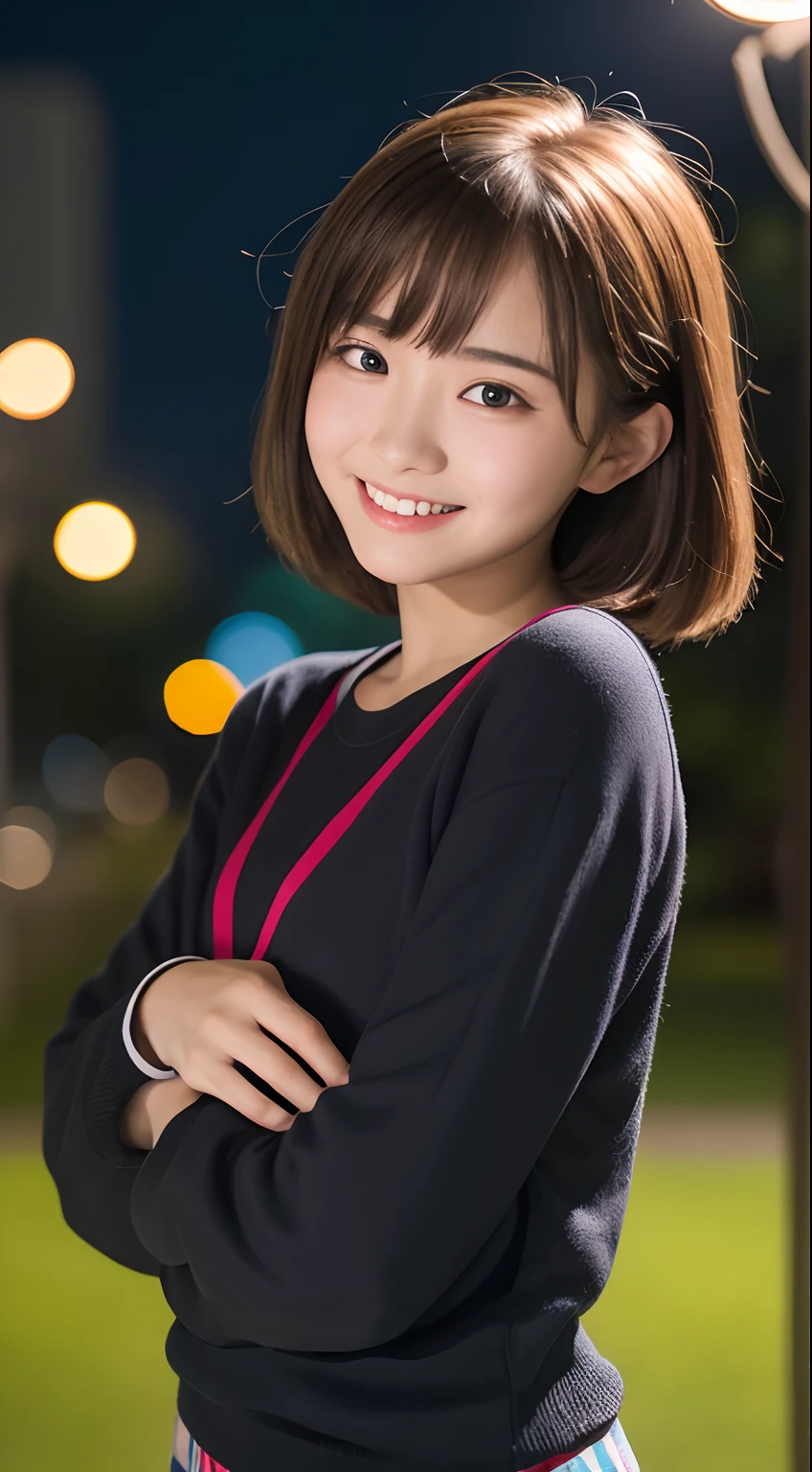 masutepiece, Best Quality, 8K, , Teen, Raw ph absurderes, award winning portrait, Smile, Smile, Solo, Night, neons, Idol face, violaceaess, gardeniass, Delicate girl, Upper body, Digital SLR, Looking at Viewer, Candid, Sophisticated, zora々Right, Thin arms, Professional Lighting, Film grain, chromatic abberation, (Eyes and faces with detailed:1.0), (Bokeh:1.1)