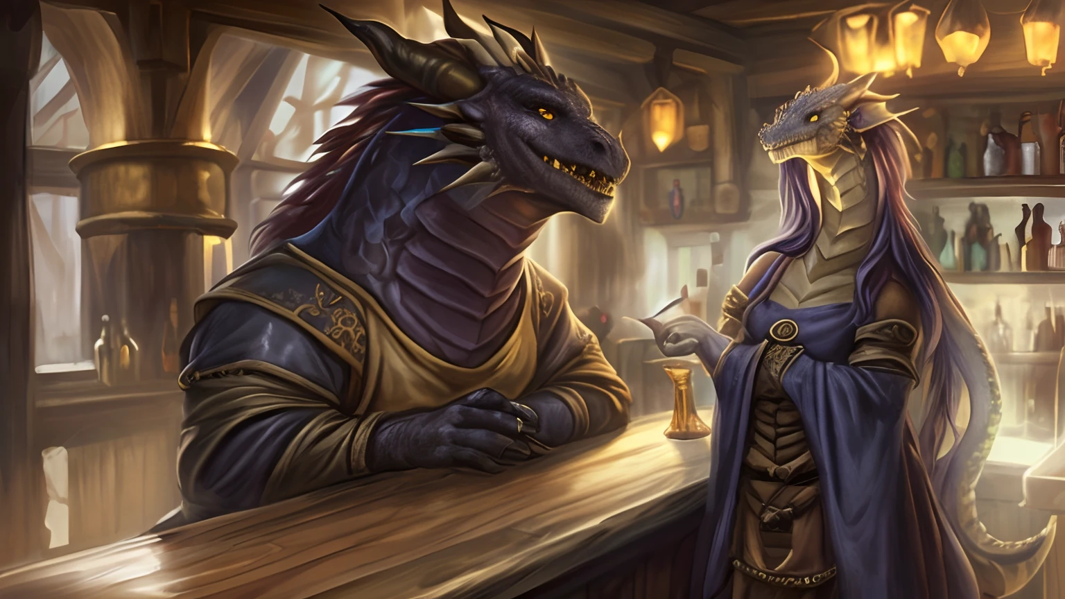 ((bar, tavern, warm lighting, desks, fantasy tavern)), ((dragon girl(long neck, hairlong, piercing medieval dress) At the bar, he serves customers)), A lot of people in the back of the hall, Celebrate