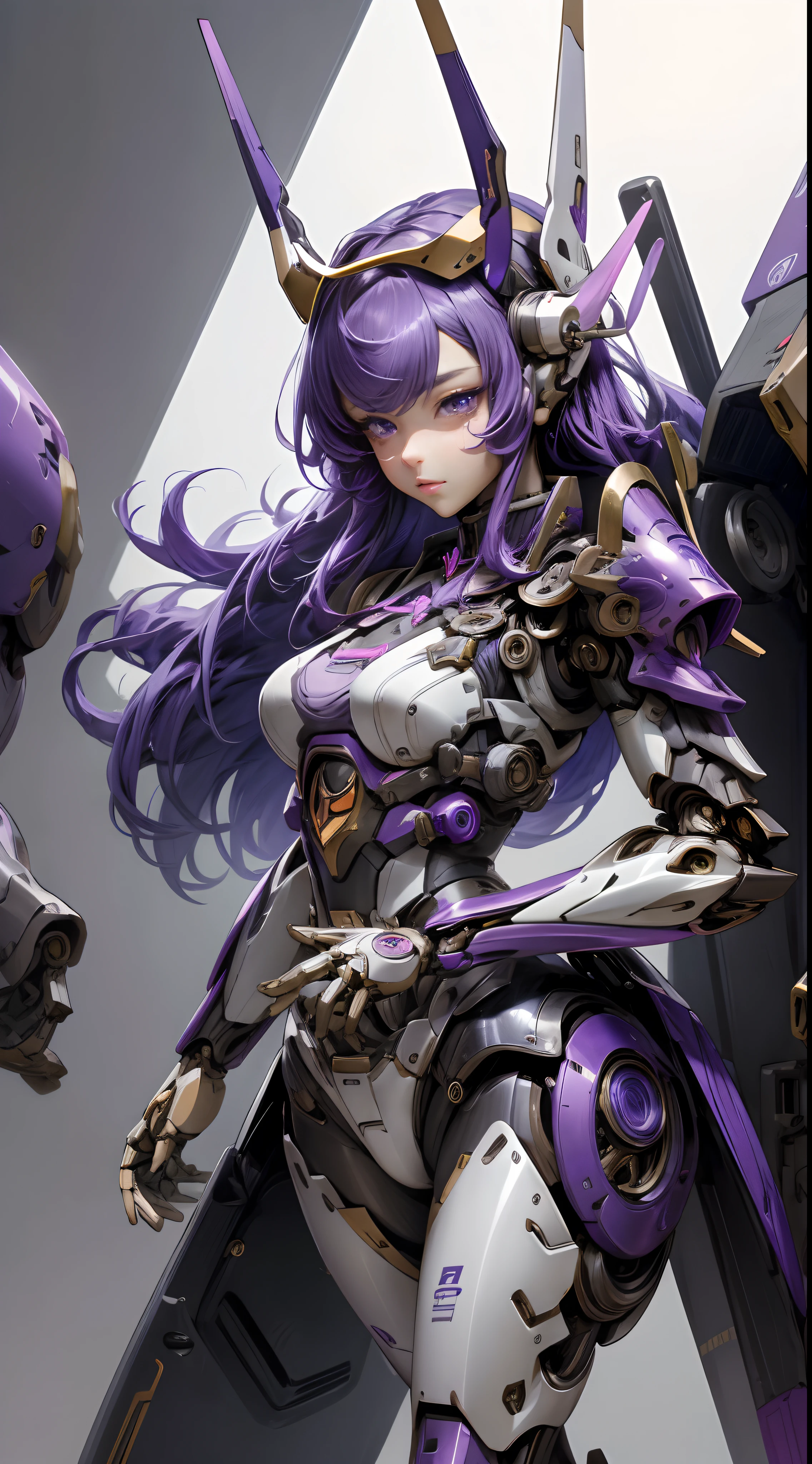 mecha musume, mechanical parts, robot joints, headgear, full armor,1girl, solo, (masterpiece, best quality, high quality, highres, ultra-detailed), purple color