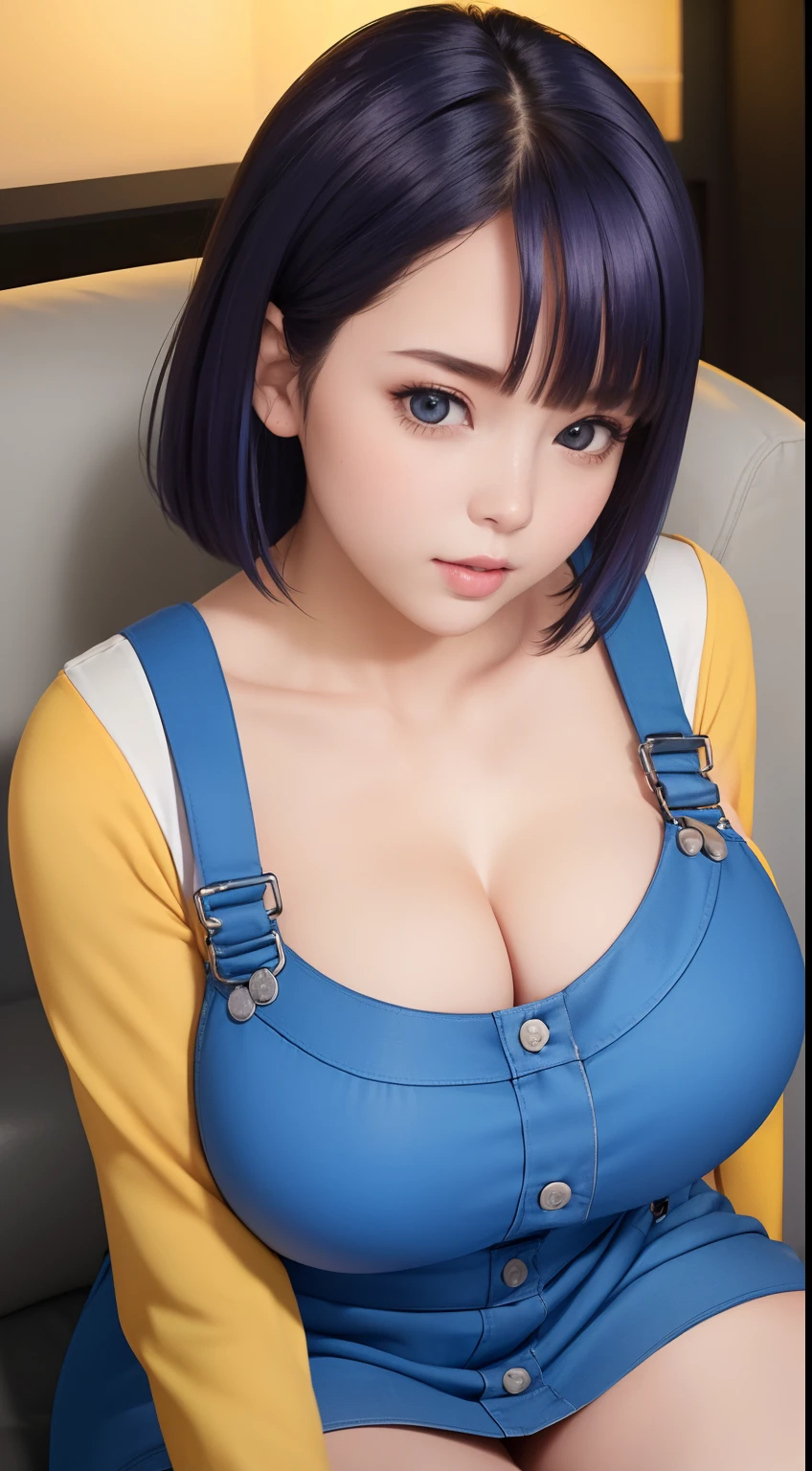 (Night:1.7), Cyberpunk_CityView, Before Window,
sitting at attention,sitting on couch,suspenders,overalls, 
collarbone,blue dress with a yellow top and blue skirt,long sleeves, 
 blue_hair,short_hair,purple_eyes,hair_ornament, hairclip, 
1 girl, 20yo,mature female,Beautiful Finger,Beautiful long legs,Beautiful body,Beautiful Nose,Beautiful character design, perfect eyes, perfect face,
looking at viewer, (innocent_big_eyes:1.0),(expressionless:1.3),
NSFW,official art,extremely detailed CG unity 8k wallpaper, perfect lighting,Colorful, Bright_Front_face_Lighting,
(masterpiece:1.0),(best_quality:1.0), ultra high res,4K,ultra-detailed,
photography, 8K, HDR, highres, absurdres:1.2, Kodak portra 400, film grain, blurry background, bokeh:1.2, lens flare, (vibrant_color:1.2)
(Beautiful,large_Breasts:1.4), (beautiful_face:1.5),(narrow_waist),huge breast