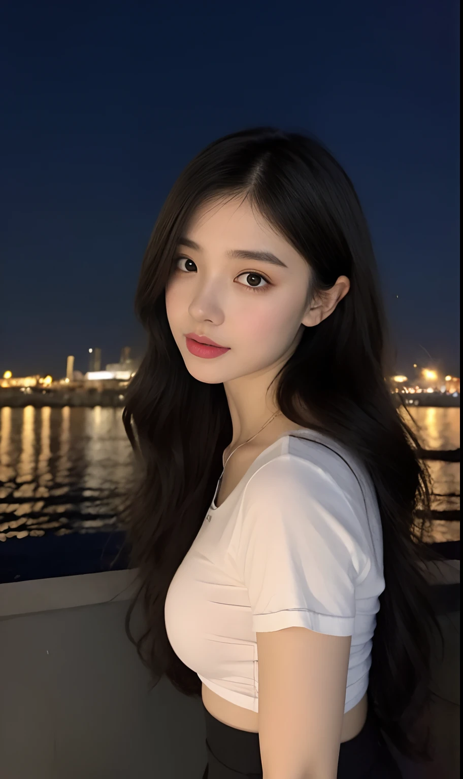 （Original photo of 8K，best qualtiy，tmasterpiece：1.2），（Medium view），the night，Night on a yacht，Sea and night view in the background，best qualtiy，tmasterpiece，（Small mouth：1.2），short- sleeved，short- sleeved，short- sleeved，short- sleeved，an extremely delicate and beautiful one，，astounding，finely detailled，tmasterpiece，Best quality at best，（age 22：1.2），Narrow waist，Slim，is shy，Pure，adolable，Bushy hair，Soft hair，big breasts beautiful，A detailed eye，（long whitr hair：1.2）