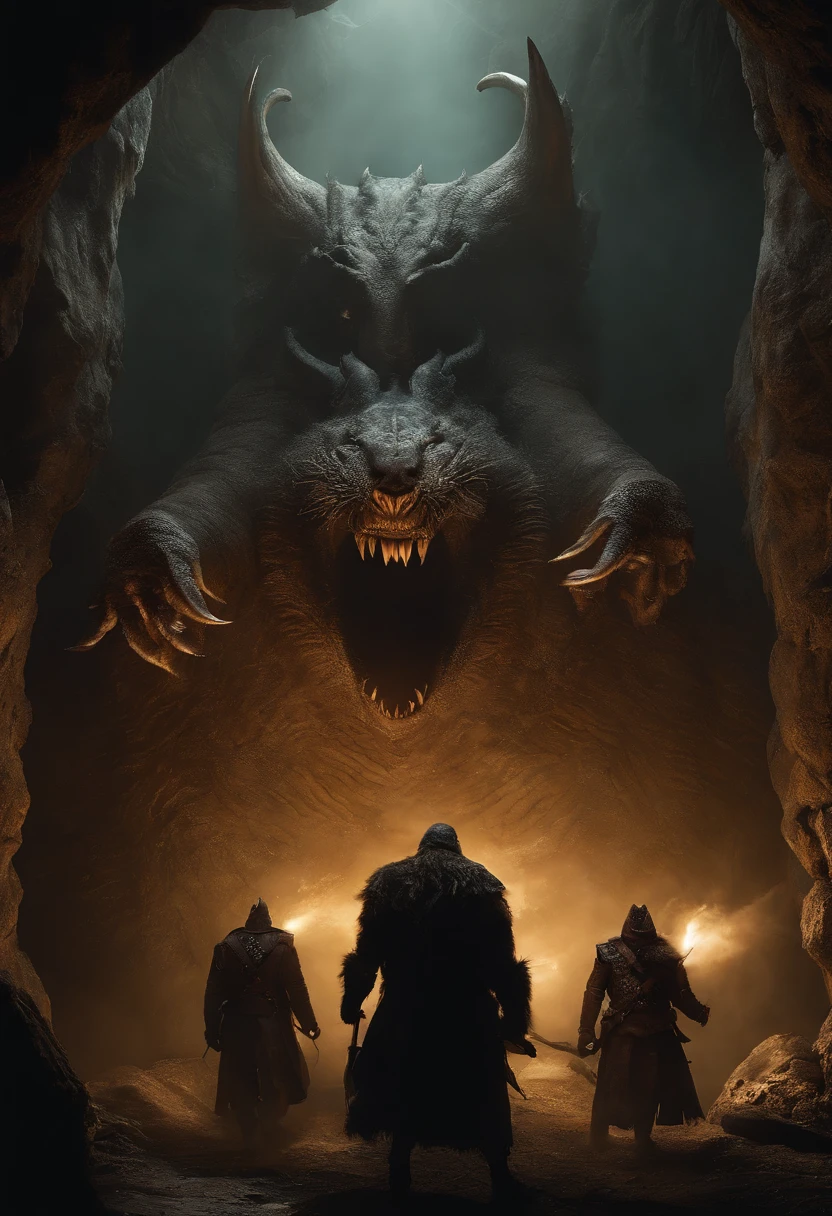 Within the muddy cave, dwell creatures of dense and intricate fur, large and corpulent, sporting sharp, menacing teeth. These ghostly beings, with their massive, bulging frames and razor-sharp fangs, haunt the subterranean depths. As you navigate through the muck and darkness of this eerie cavern, describe the scene in intricate detail, capturing the presence of these formidable, fur-covered specters