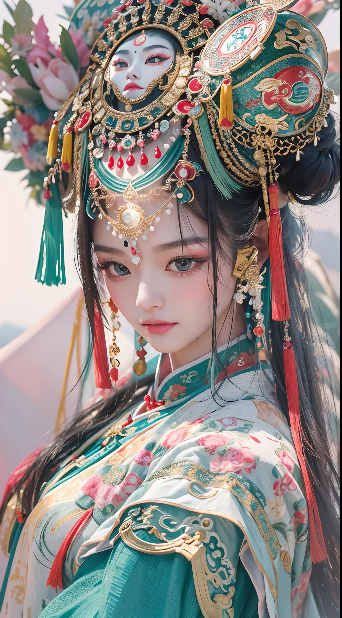 (High-res, 4K, Masterpiece:1.2),Ultra-detailed,(Realistic,photo-realistic:1.37),Traditional Chinese opera,Lady,Close-up shot,Exquisite makeup,vibrant clothing,captivating expression,Colorful headdress,Detailed Embroidery,exquisitefacialfeatures,beautiful eyes and lips,Exquisite traditional jewelry,Delicate brushstrokes,Impeccable lighting effects,Vibrant colors,A well-designed stage,Set against a magnificent backdrop,Pay attention to every intricate detail,An artistic interpretation of the essence of the character,Expressive facial expressions and gestures,Perfectly capture the essence of traditional Chinese opera,Unparalleled artistic beauty,Breathtaking visual spectacle,Classical elegance and elegance,Show the beauty of traditional Chinese culture,An exemplary blend of tradition and art