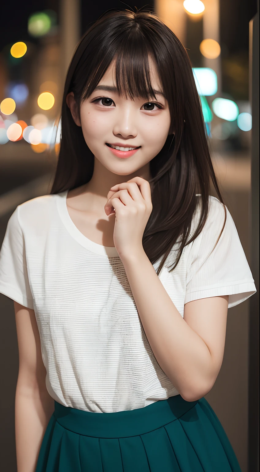 masutepiece, Best Quality, 8K, 15yo student, Teen, Raw photo, absurderes, award winning portrait, Smile, Smile, Solo, Night, neons, Idol face, violaceaess, gardeniass, Delicate girl, Upper body, Digital SLR, Looking at Viewer, Candid, Sophisticated, zora々Right, Thin arms, Professional Lighting, Film grain, chromatic abberation, (Eyes and faces with detailed:1.0), (Bokeh:1.1)