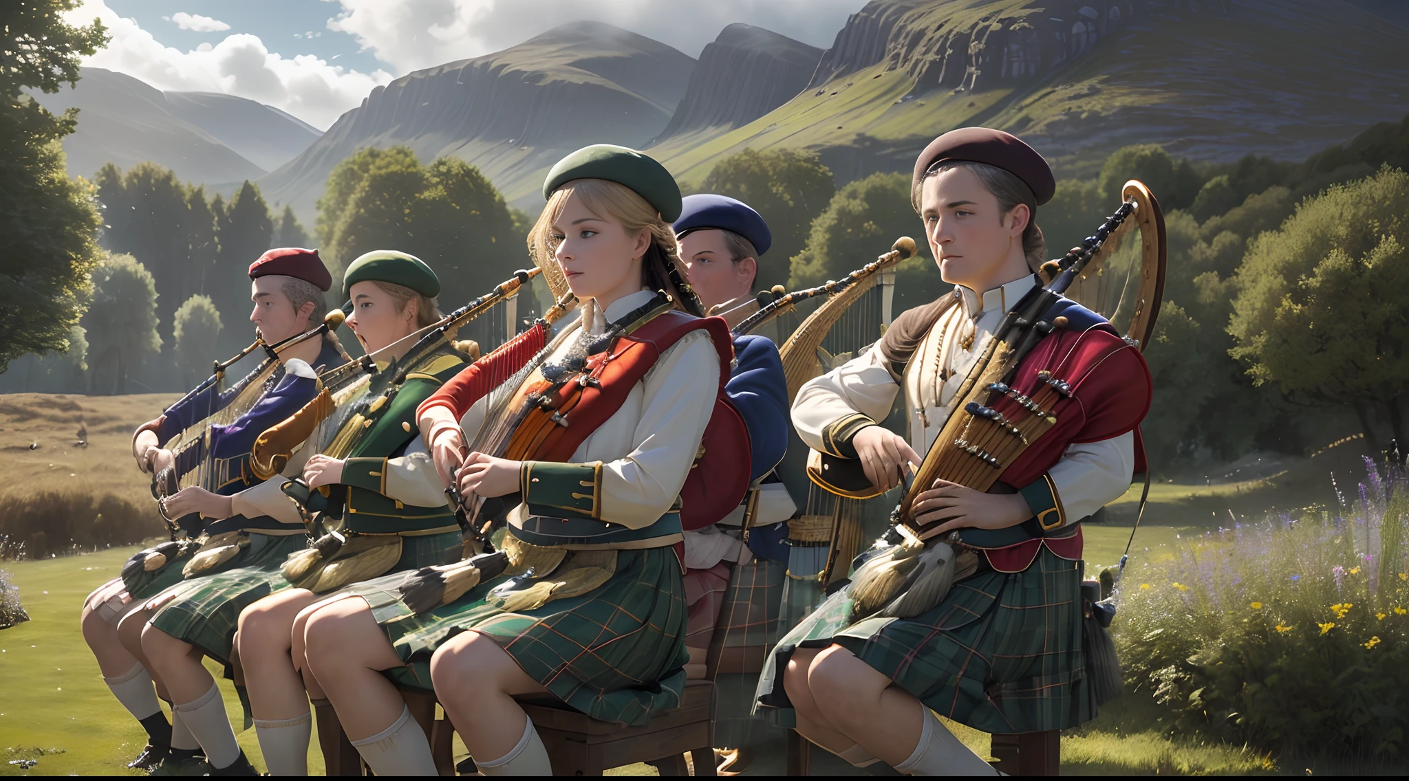 ((master piece, Highest quality, High definition, High detail, Best quality:1.2), 8k, Extremely detailed, Higher resolution)) (Scottish group playing harp, musique celtique, (Scottish bagpipes, harpe celtique, violon celtique, guitare, flute)) (cheveux roux, souriantes, dressed in traditional Scottish costume, kilt au couleur du clan Fraser, tartan, golden embroidery, Sporran, beret) In a typical Scottish landscape, verdoyant, pluie fine et brouillard, light sun, (panoramic lighting, Lissage: 5D, photographie HDR, couleur douce, beau visage, Traits du visage clairs) Stunning details. ((Play the Scottish harp on your knees) (playing Scottish bagpipes))