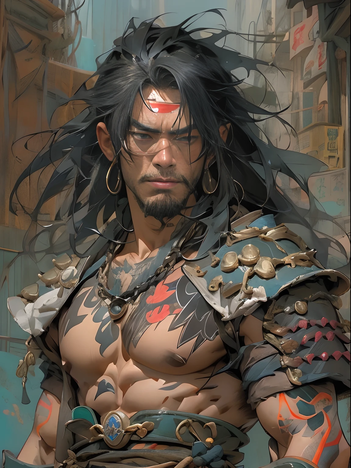 (((mtu))), (((best qualityer))), (((tmasterpiece))), (((AS-Adult))), ((( Japanese ))), Look up from your knees, Handsome Asian samurai,perfect body figure, Modern samurai, ((( Asian))), Wear gloves on your hands,The left arm is made of steel and metal tips,Made of protective devices, The eyes are pulled, (( Appears below the chest )), (( Small dental floss )), Simon Bisley, Almost naked(Simon Bisley)Castle City Wilderness,For high-resolution posters, hair straight, Minimum clothing, armure (Crazy clothes ), Full of tips and rivets, tribal tattoos, (((full bodyesbian))), Straight brunette hair,Colored hair ends