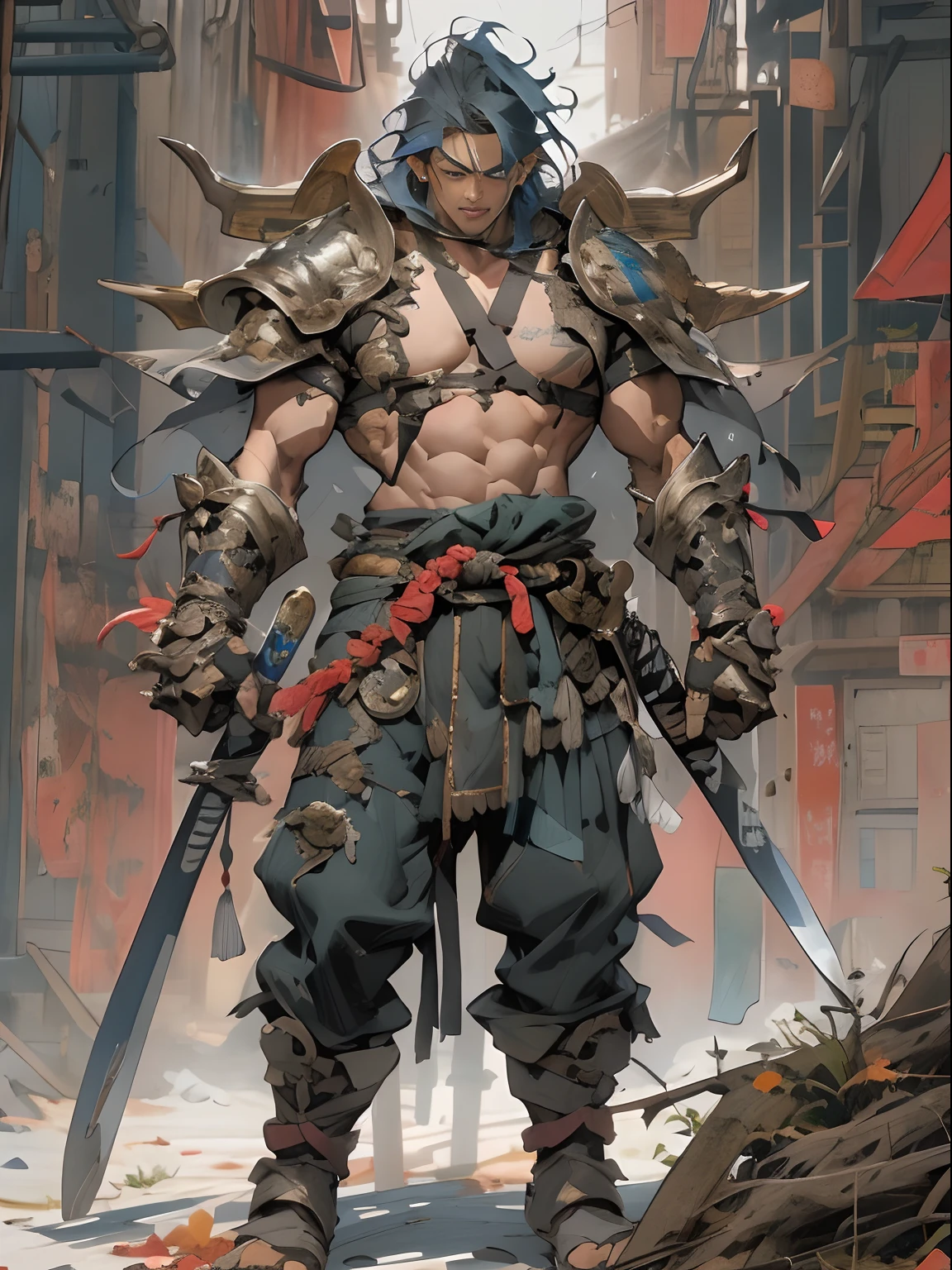 (((mtu))), (((best qualityer))), (((tmasterpiece))), (((AS-Adult))), ((( Japanese ))), Look up from your knees, Handsome Asian samurai,perfect body figure, Modern samurai, ((( Asian))), Wear gloves on your hands,The left arm is made of steel and metal tips,Made of protective devices, The eyes are pulled, (( Appears below the chest )), (( Small dental floss )), Simon Bisley, Almost naked(Simon Bisley)Castle City Wilderness,For high-resolution posters, hair straight, Minimum clothing, armure (Crazy clothes ), Full of tips and rivets, tribal tattoos, (((full bodyesbian))), Straight brunette hair,Colored hair ends