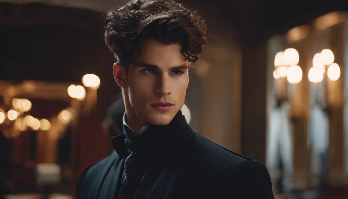 Young European man, with dark hair, undercut hair, grey eyes, handsome, pale, tall, wearing good outfit