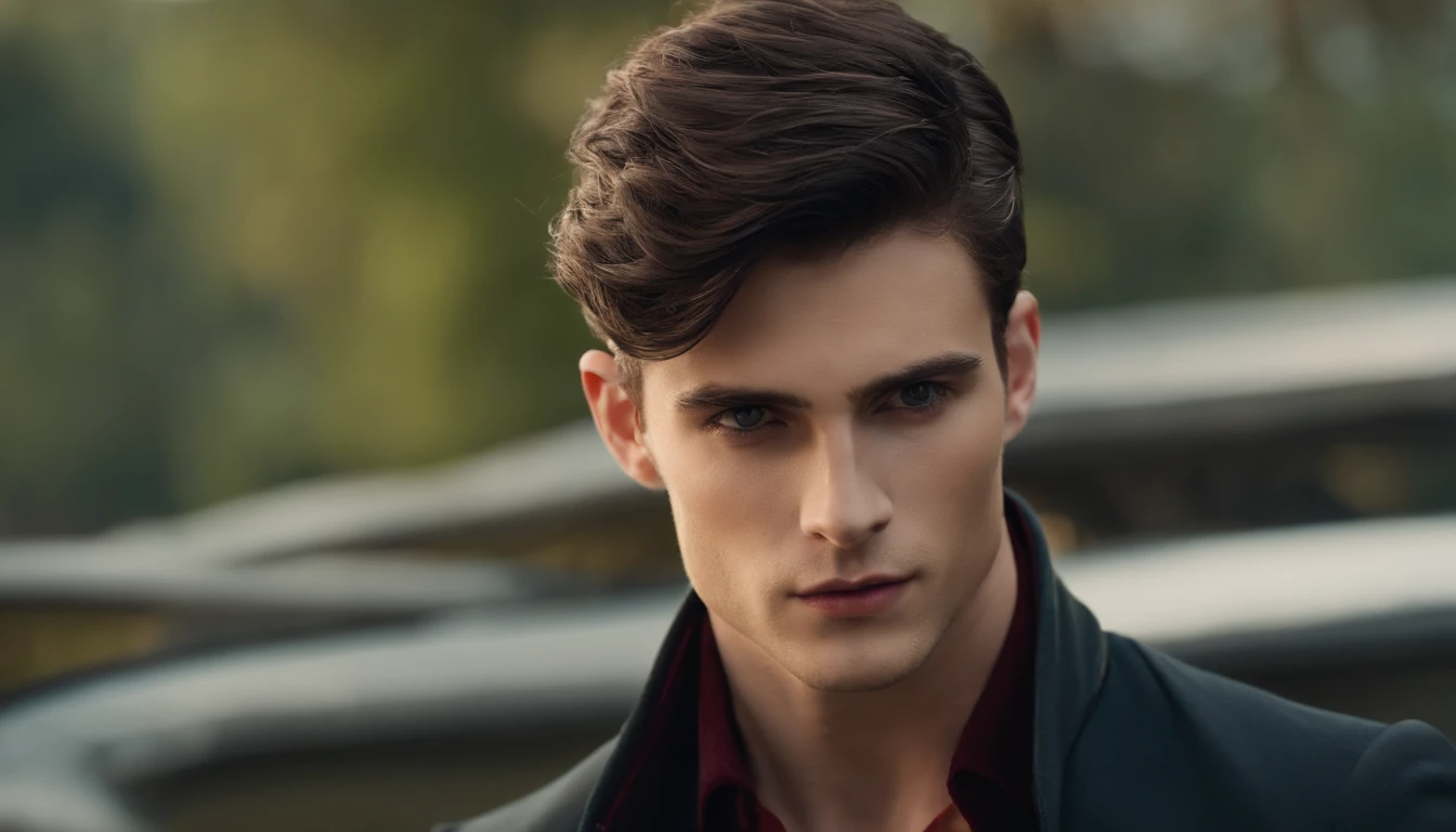 Young European man, with dark hair, undercut hair, grey eyes, handsome, pale, tall, wearing good outfit